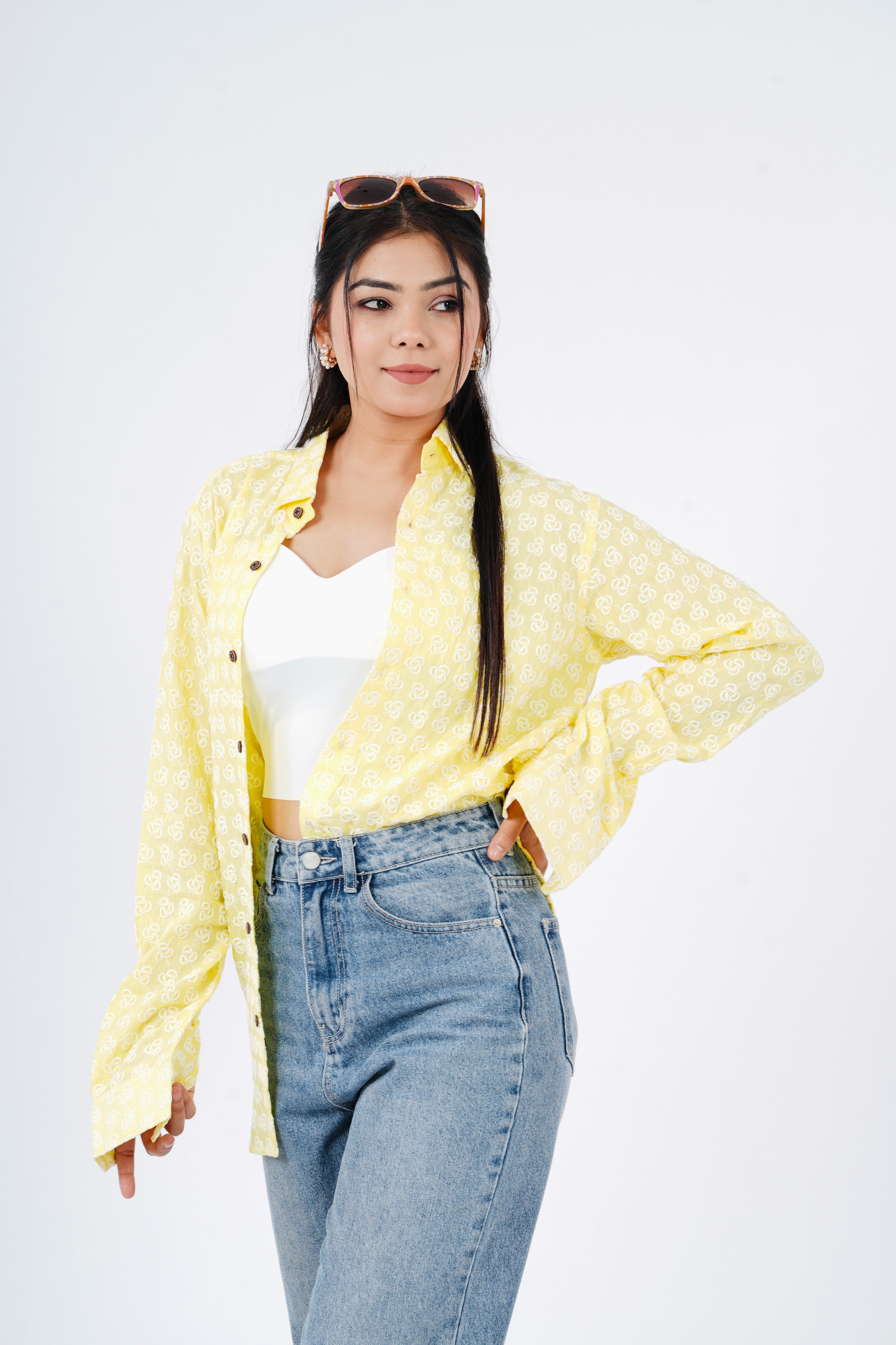 Yellow Chikankari Women Boyfriend Shirt - Full Sleeves