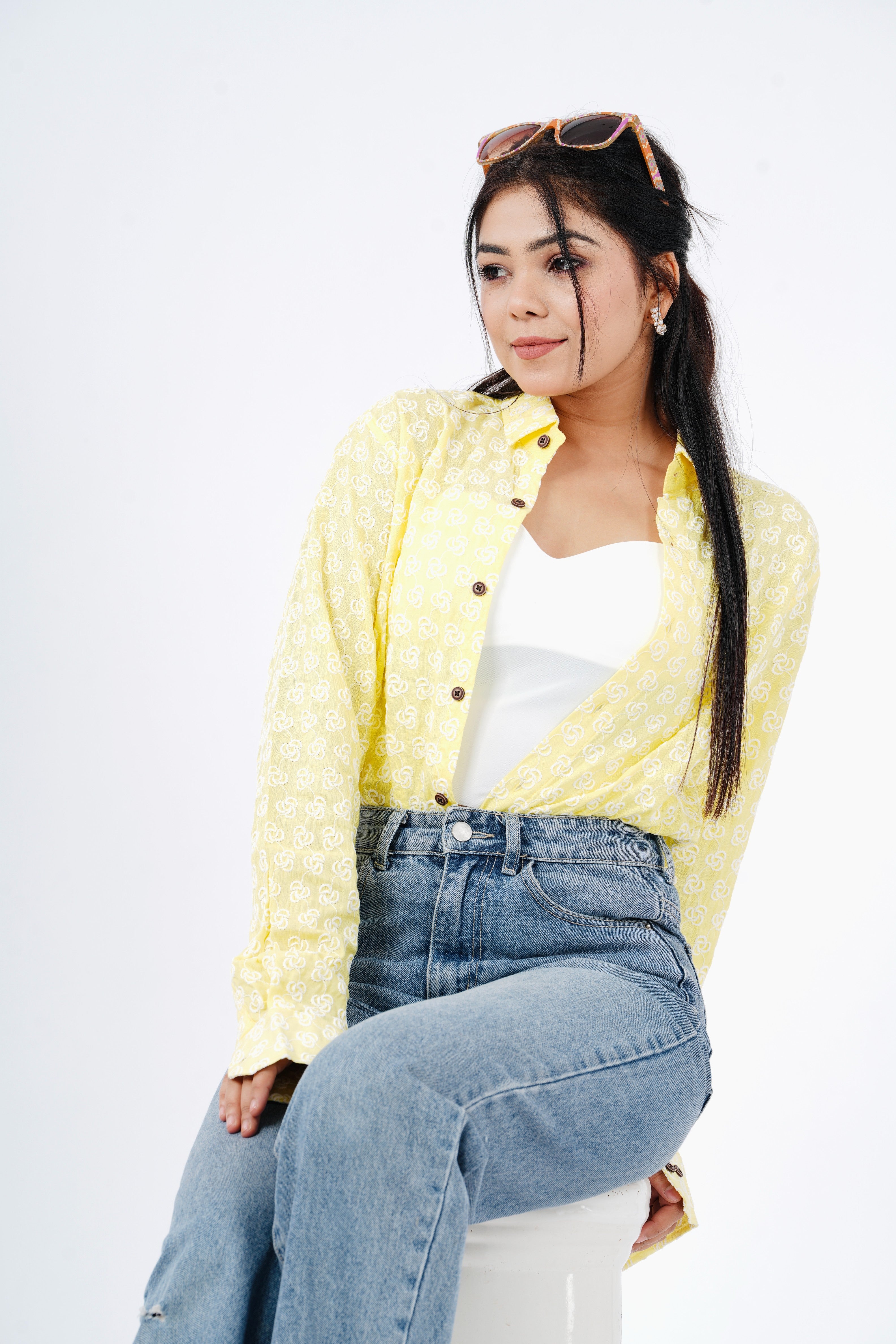 Yellow Chikankari Women Boyfriend Shirt - Full Sleeves