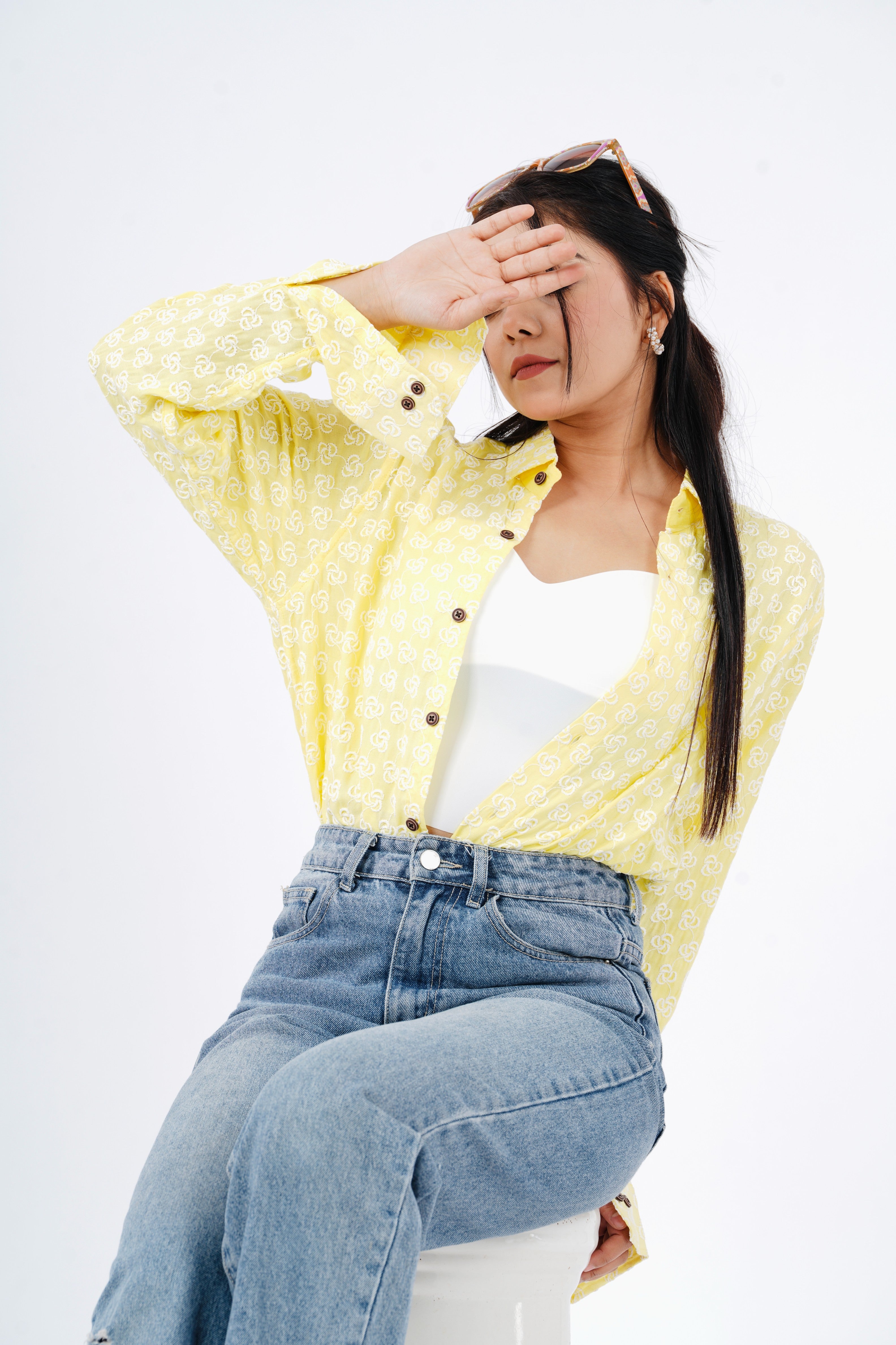 Yellow Chikankari Women Boyfriend Shirt - Full Sleeves