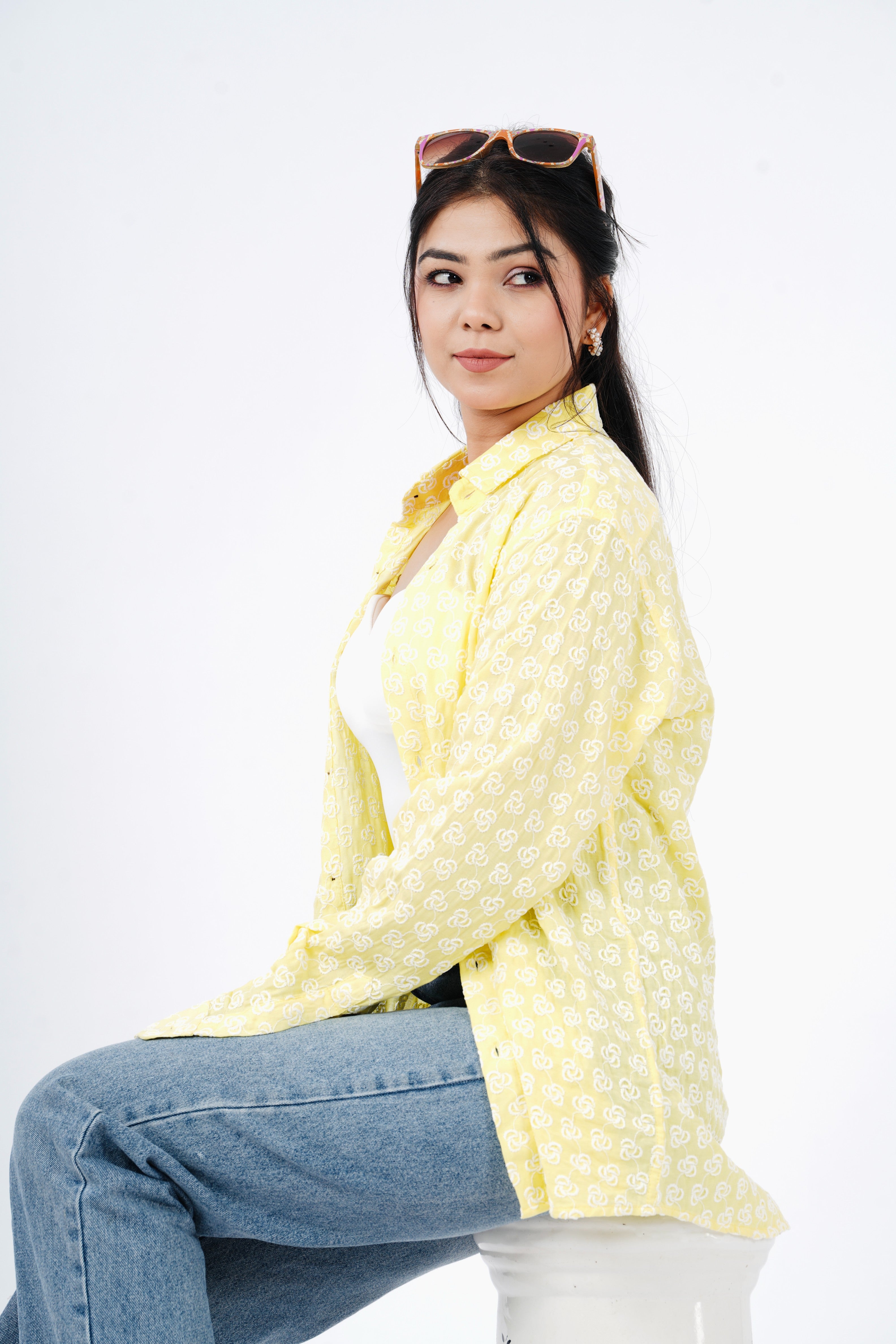 Yellow Chikankari Women Boyfriend Shirt - Full Sleeves