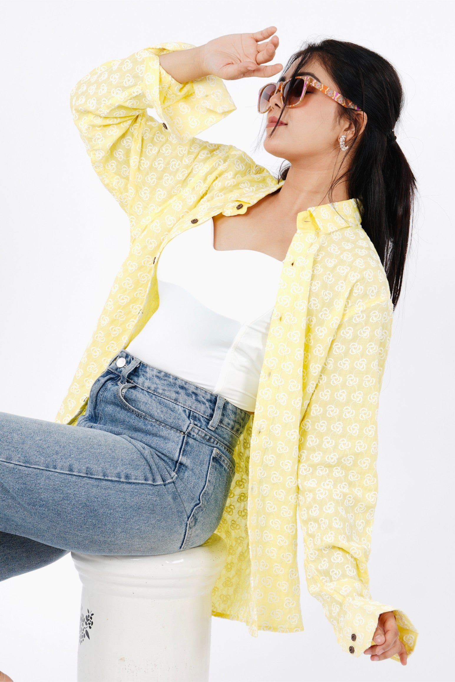 Yellow Chikankari Women Boyfriend Shirt - Full Sleeves