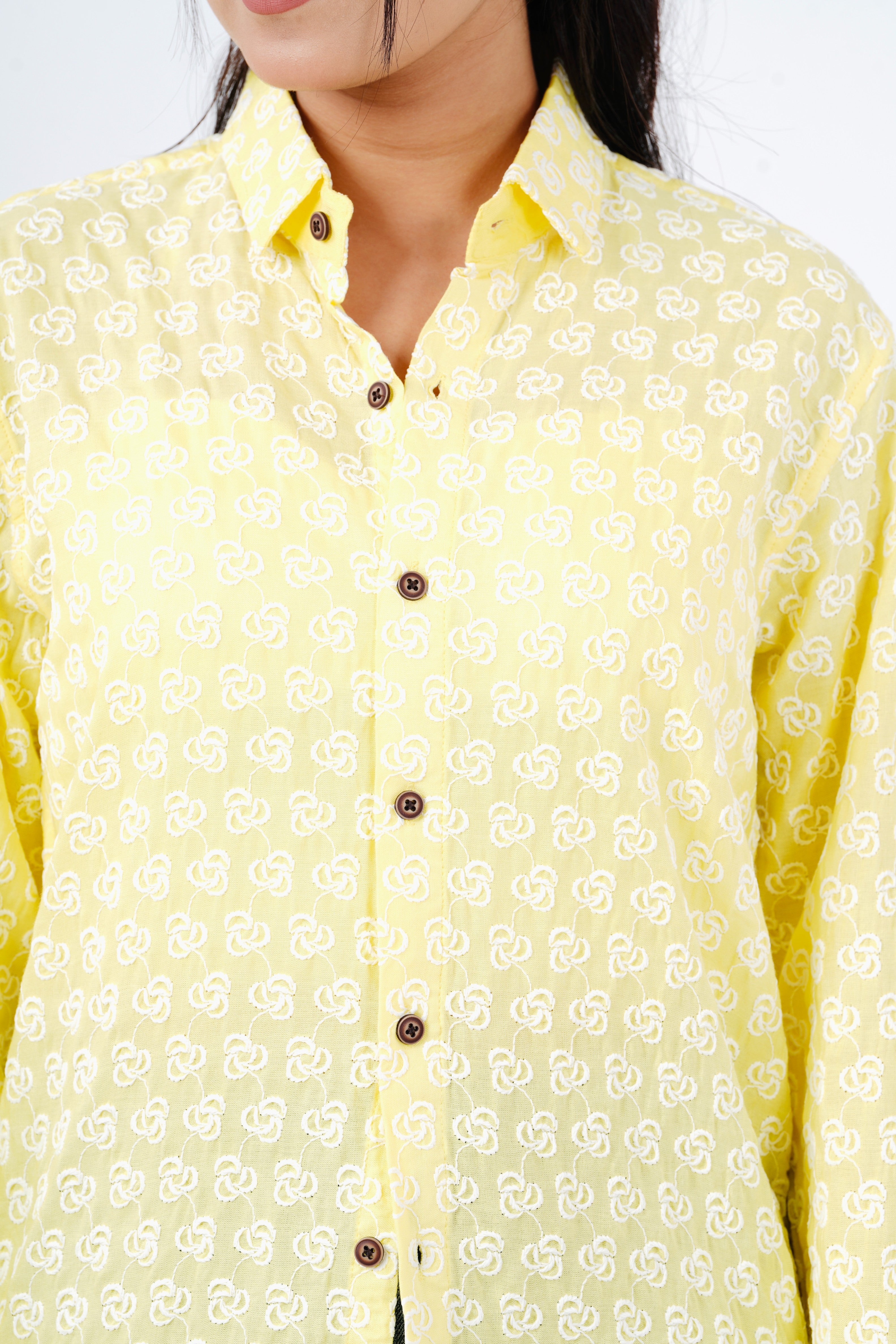 Yellow Chikankari Women Boyfriend Shirt - Full Sleeves