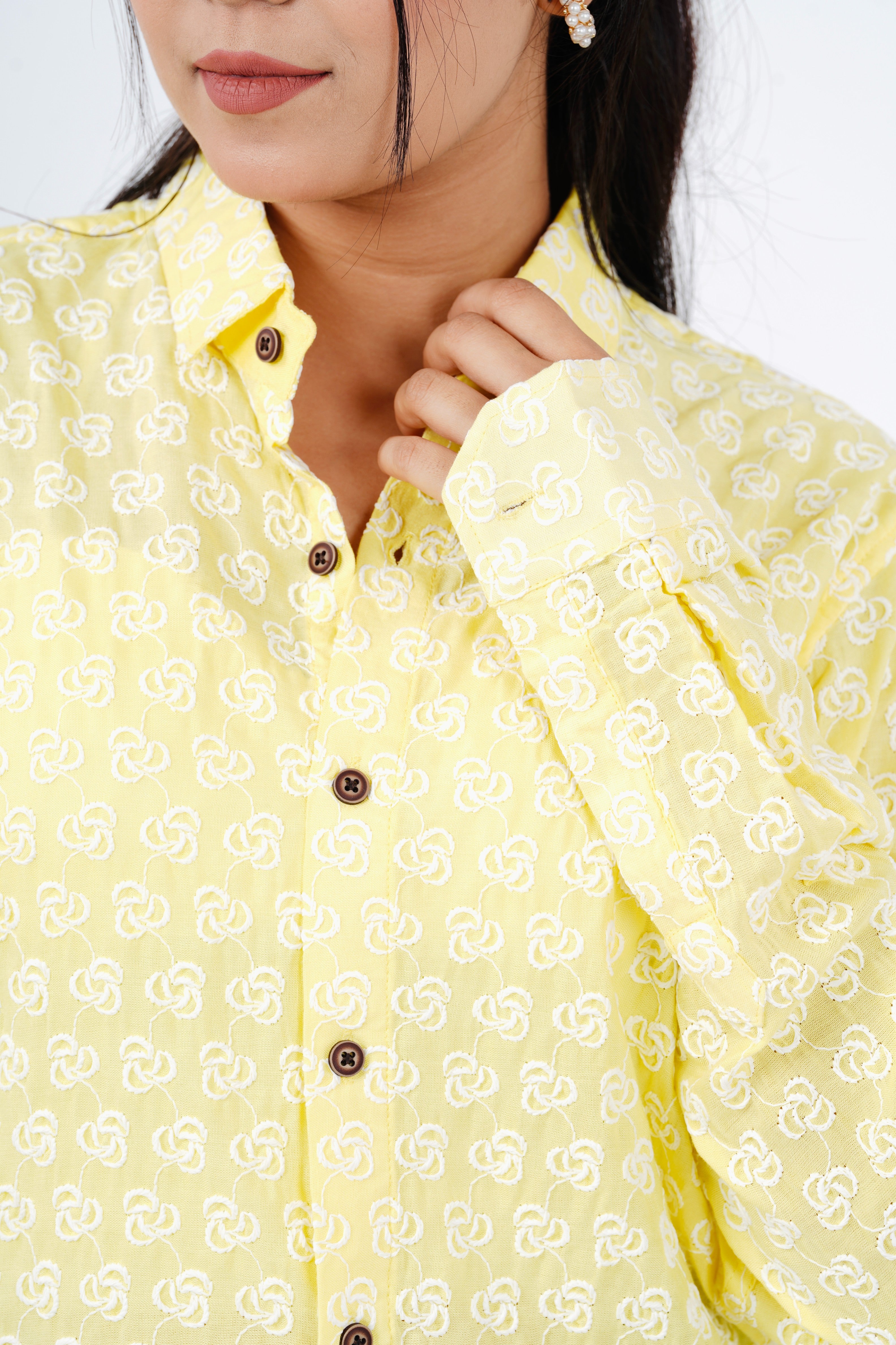 Yellow Chikankari Women Boyfriend Shirt - Full Sleeves