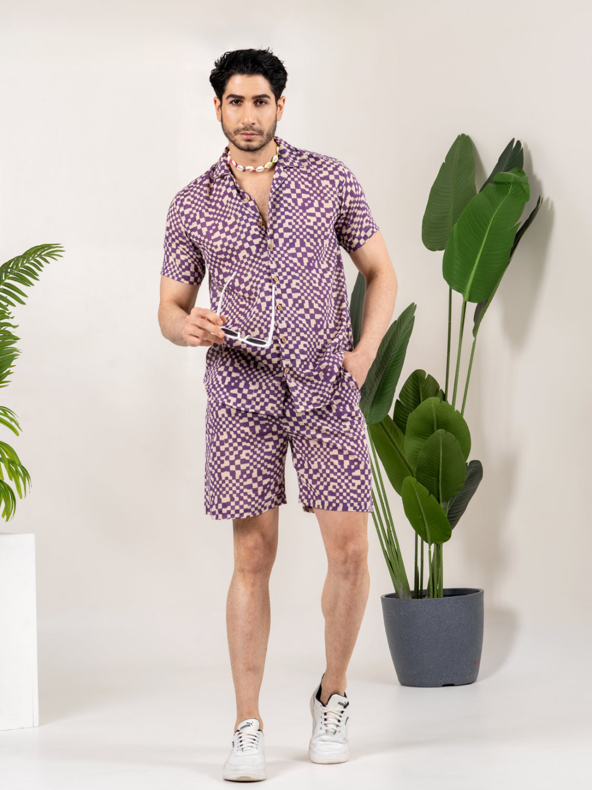 Firangi Yarn Printed Cuban Collar Purple Geomatric Printed Summer Lounge and Beach Co-ord Set For Men
