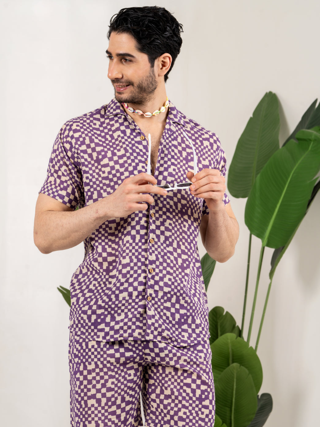 Firangi Yarn Printed Cuban Collar Purple Geomatric Printed Summer Lounge and Beach Co-ord Set For Men