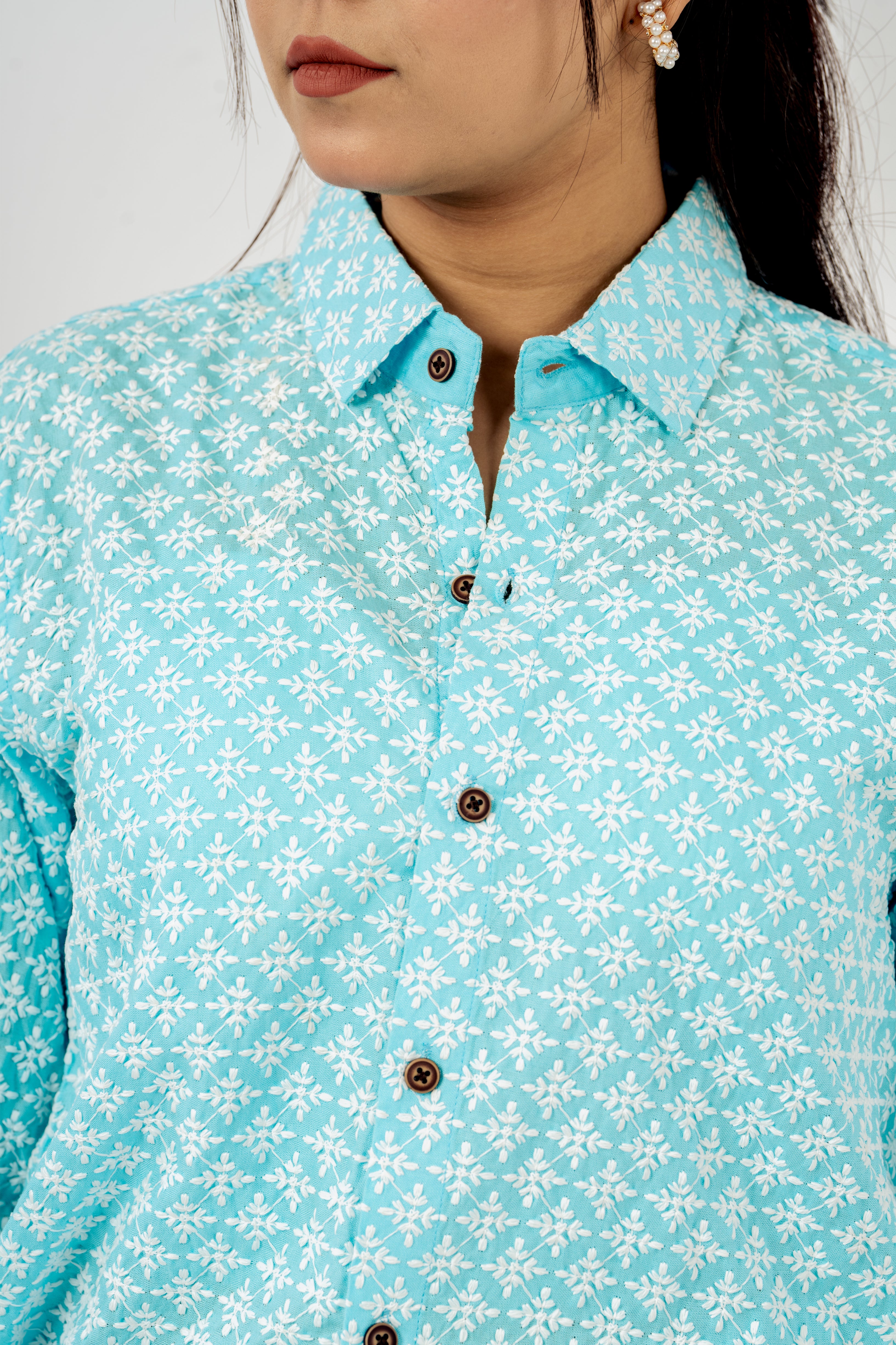 Blue Chikankari Women Boyfriend Shirt - Full Sleeves