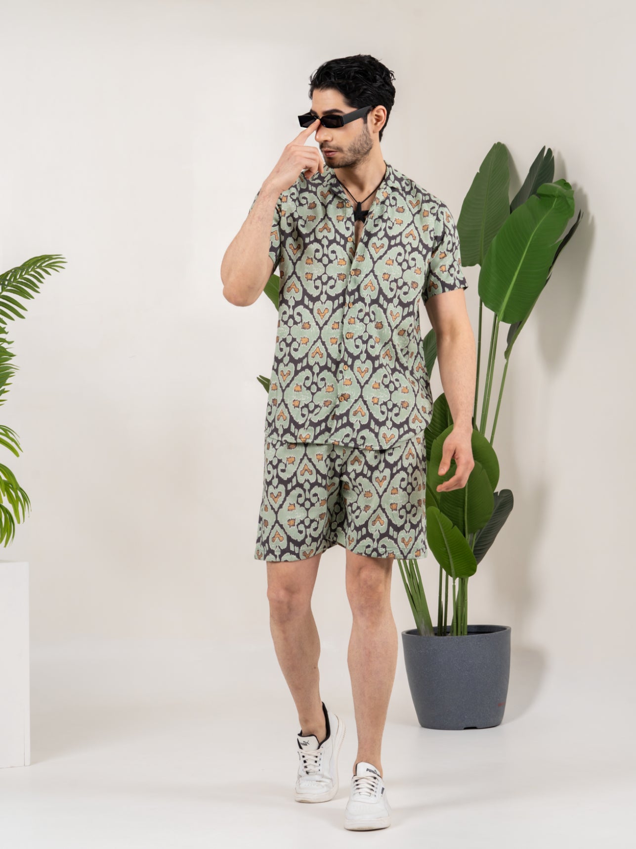 Firangi Yarn Printed Cuban Collar Green and Black Ikkat Summer Lounge and Beach Co-ord Set For Men