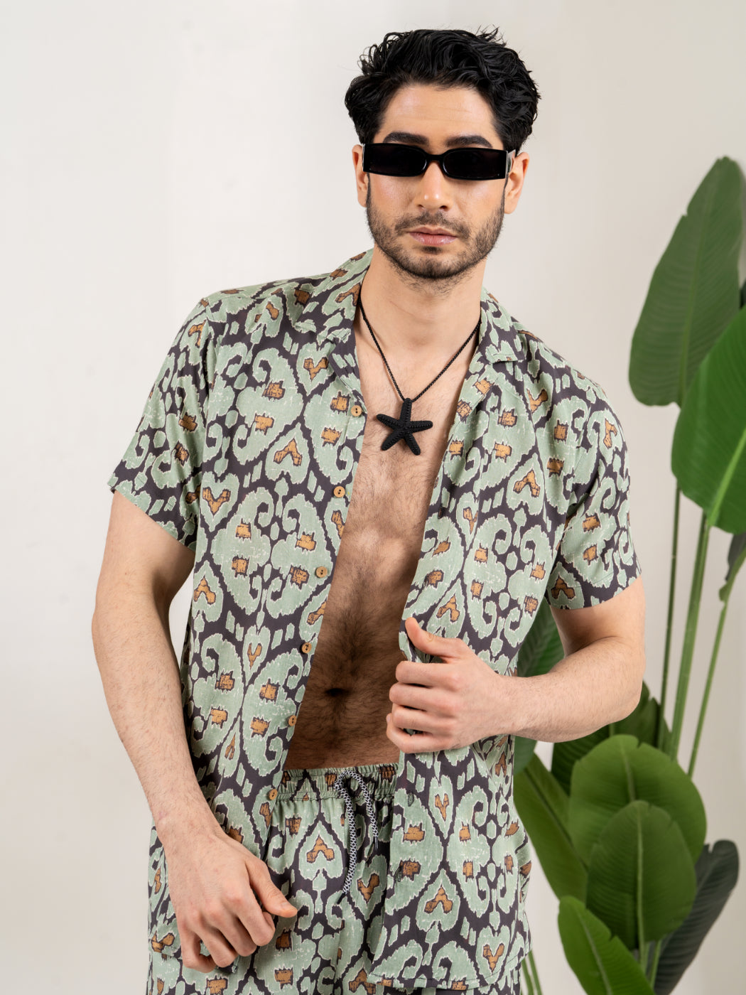 Firangi Yarn Printed Cuban Collar Green and Black Ikkat Summer Lounge and Beach Mens Summer Coord Set