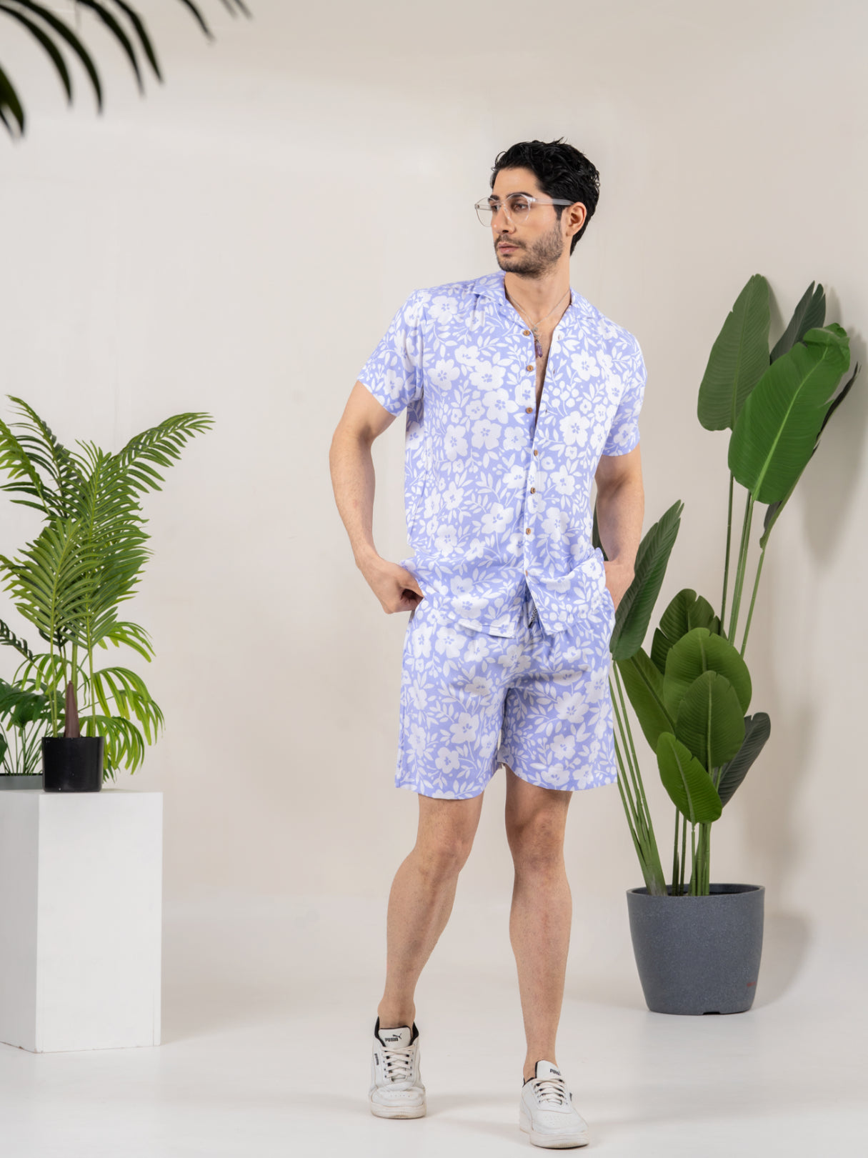Firangi Yarn Printed Cuban Collar Lilac Floral Printed Summer Lounge and Beach Co-ord Set For Men