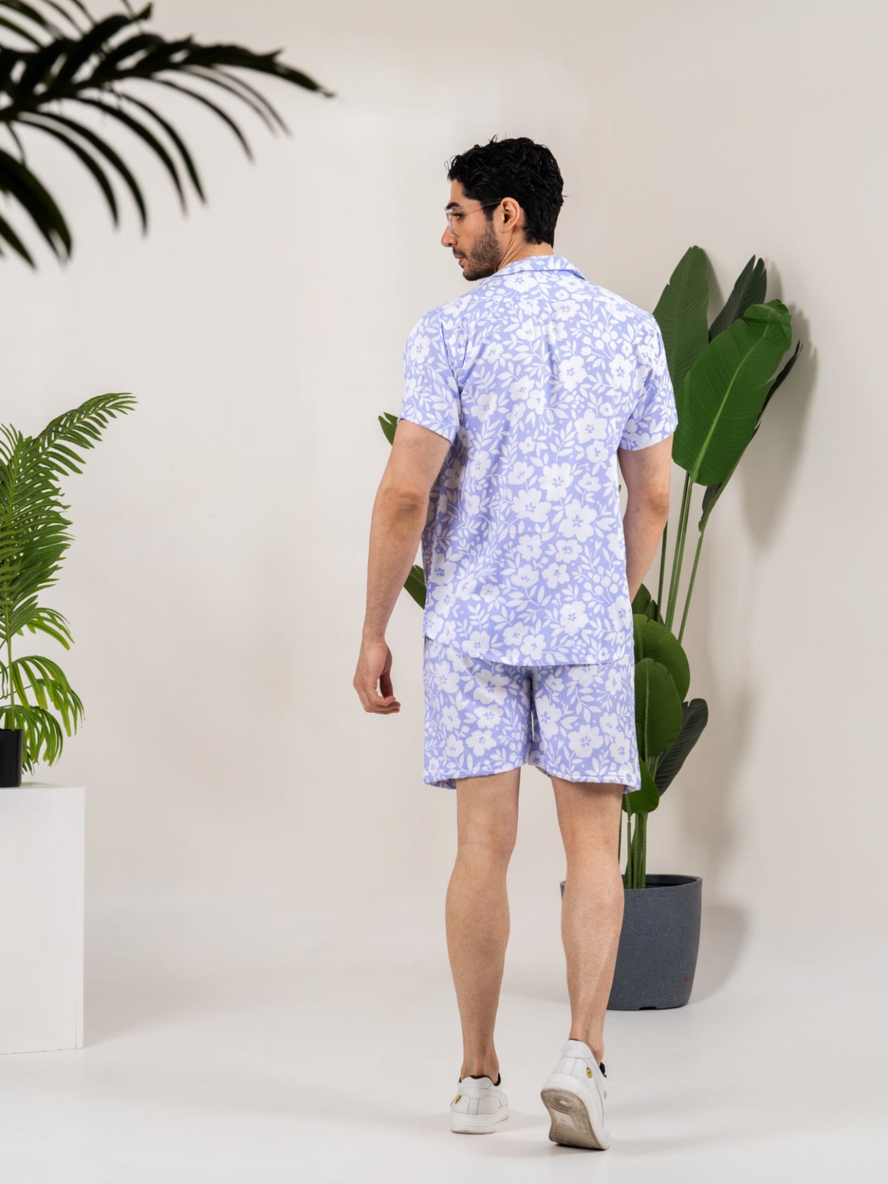 Firangi Yarn Printed Cuban Collar Lilac Floral Printed Summer Lounge and Beach Co-ord Set For Men