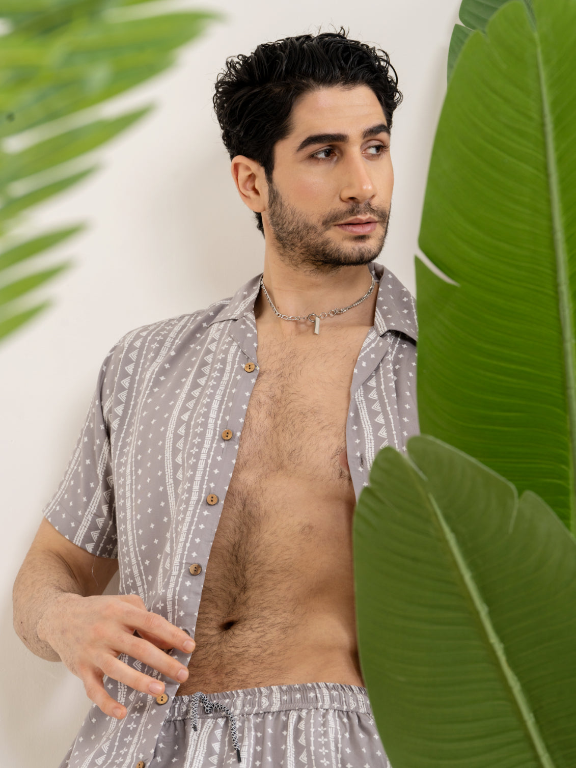 Firangi Yarn Printed Cuban Collar Grey Mandala Floral Summer Lounge and Beach Co-ord Set For Men