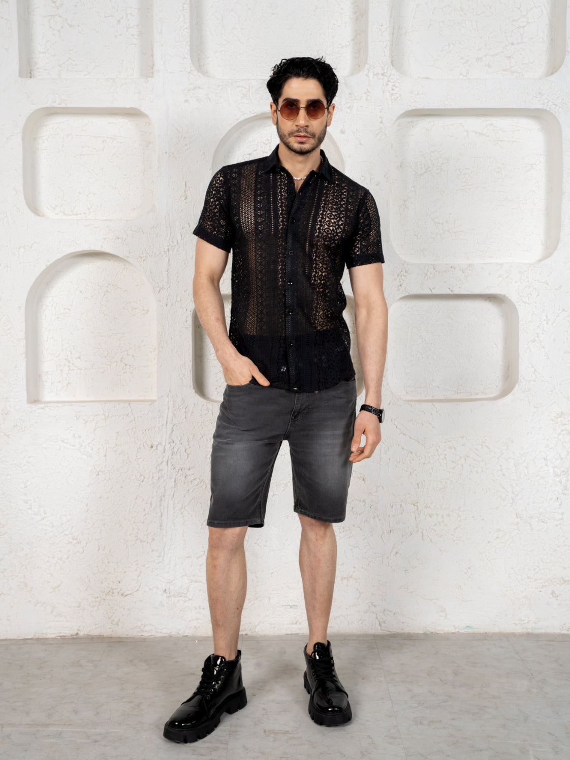 Firangi Yarn Crochet Cotton Jet Black Lace Shirt For Men 2024 - Half Sleeves(Take One Size Bigger Than Your Usual Size)