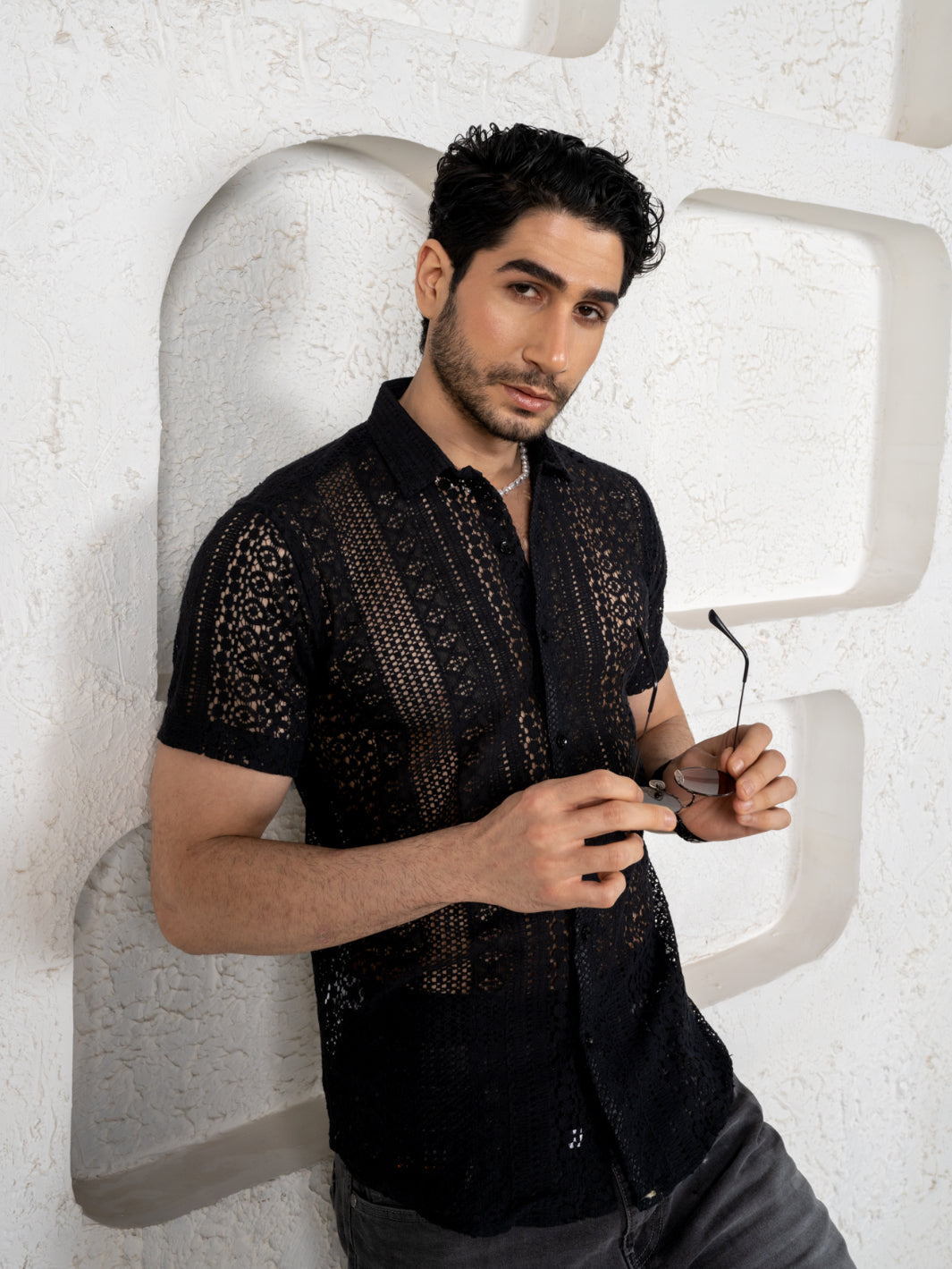 Firangi Yarn Crochet Cotton Jet Black Lace Shirt For Men 2024 - Half Sleeves(Take One Size Bigger Than Your Usual Size)