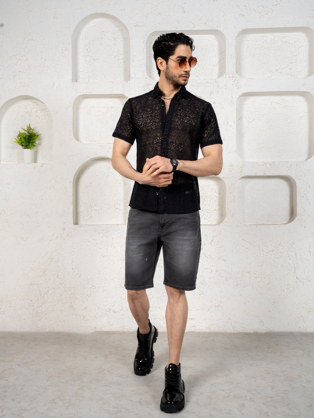 Firangi Yarn Crochet Cotton Jet Black Floral Lace Shirt For Men 2024 - Half Sleeves (Take One Size Bigger Than Your Usual Size)