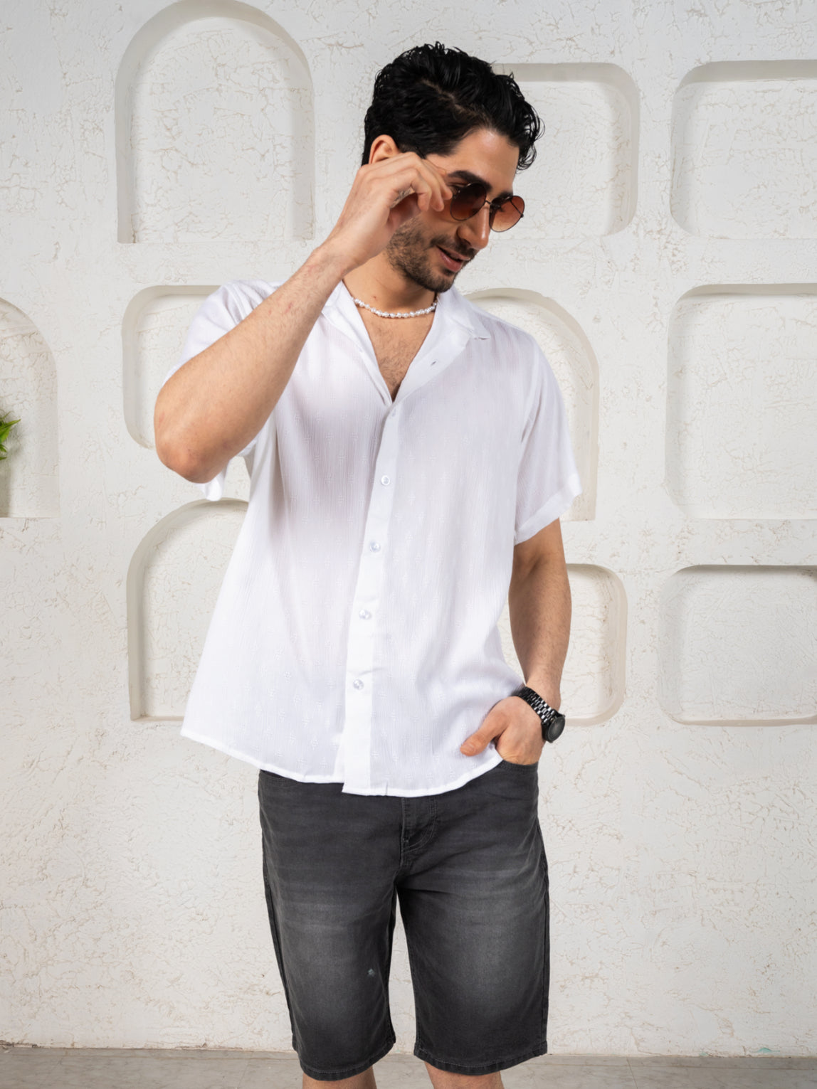 Firangi Yarn Relaxed Fit Solid Self Design Super Flowy Re-engineered Cotton- Half Sleeves Party Shirt Super White