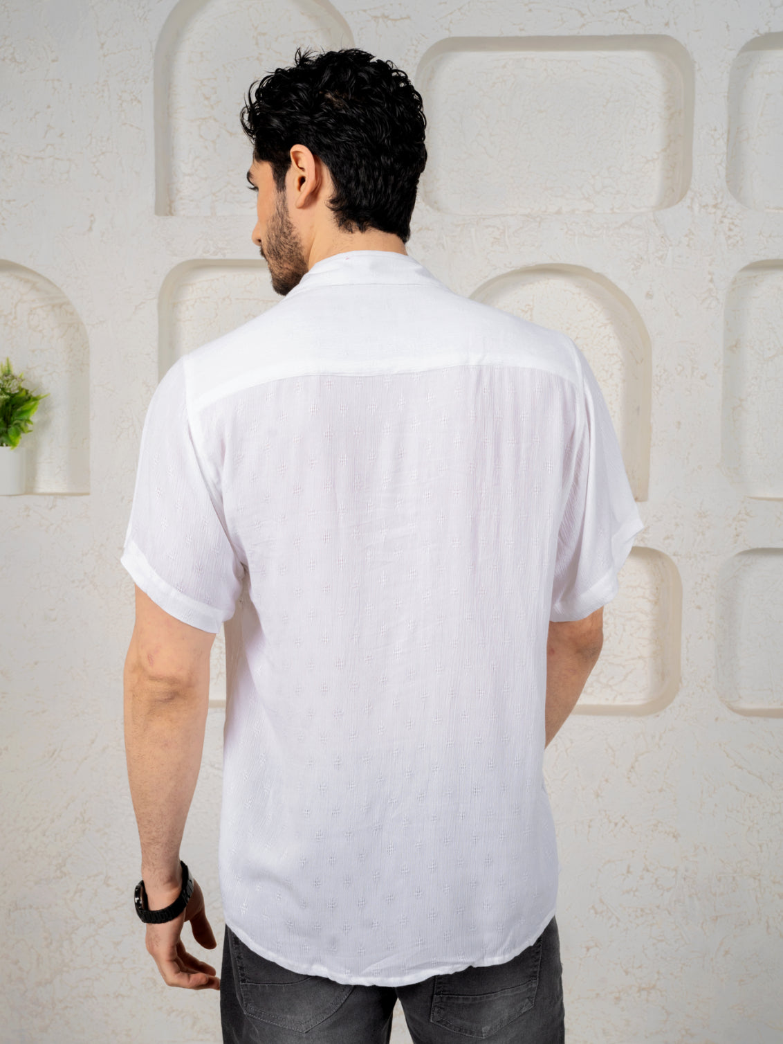 Firangi Yarn Relaxed Fit Solid Self Design Super Flowy Re-engineered Cotton- Half Sleeves Party Shirt Super White