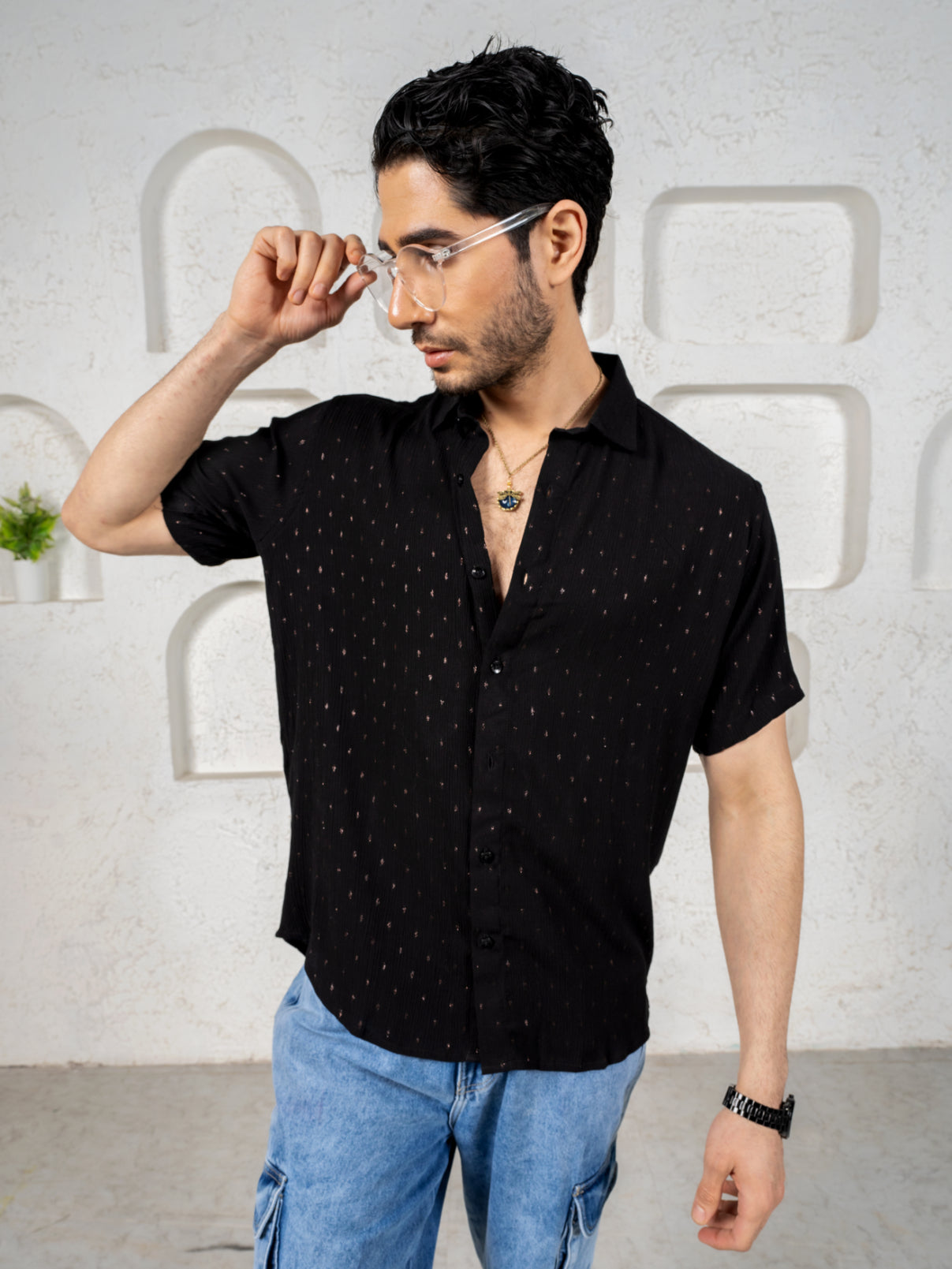 Firangi Yarn Relaxed Fit Super Flowy Re-engineered Cotton Lurex Polka- Half Sleeves Party Shirt Black Copper