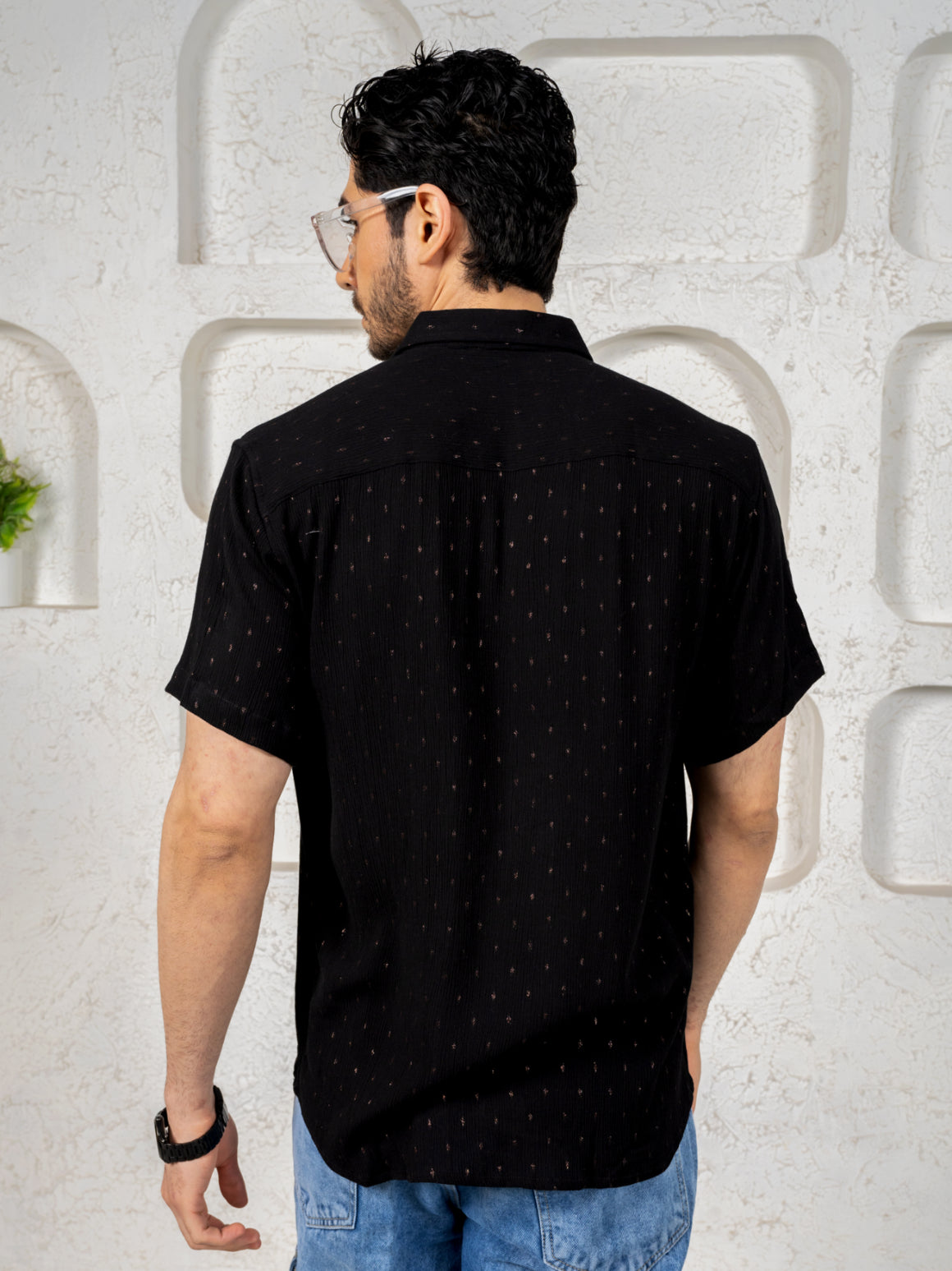 Firangi Yarn Relaxed Fit Super Flowy Re-engineered Cotton Lurex Polka- Half Sleeves Party Shirt Black Copper