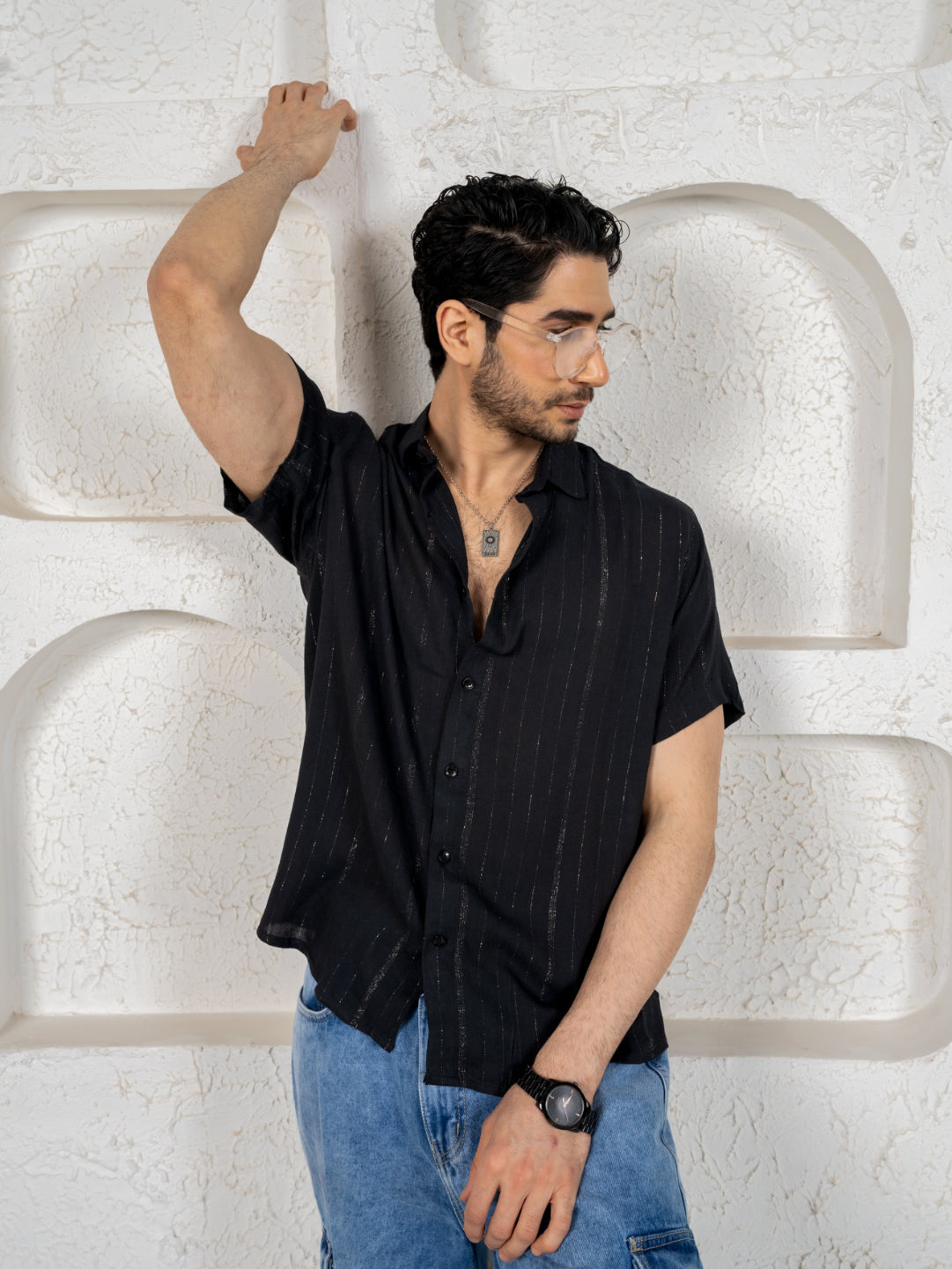 Firangi Yarn Relaxed Fit Super Flowy Re-engineered Cotton Lurex- Half Sleeves Party Shirt Black Silver