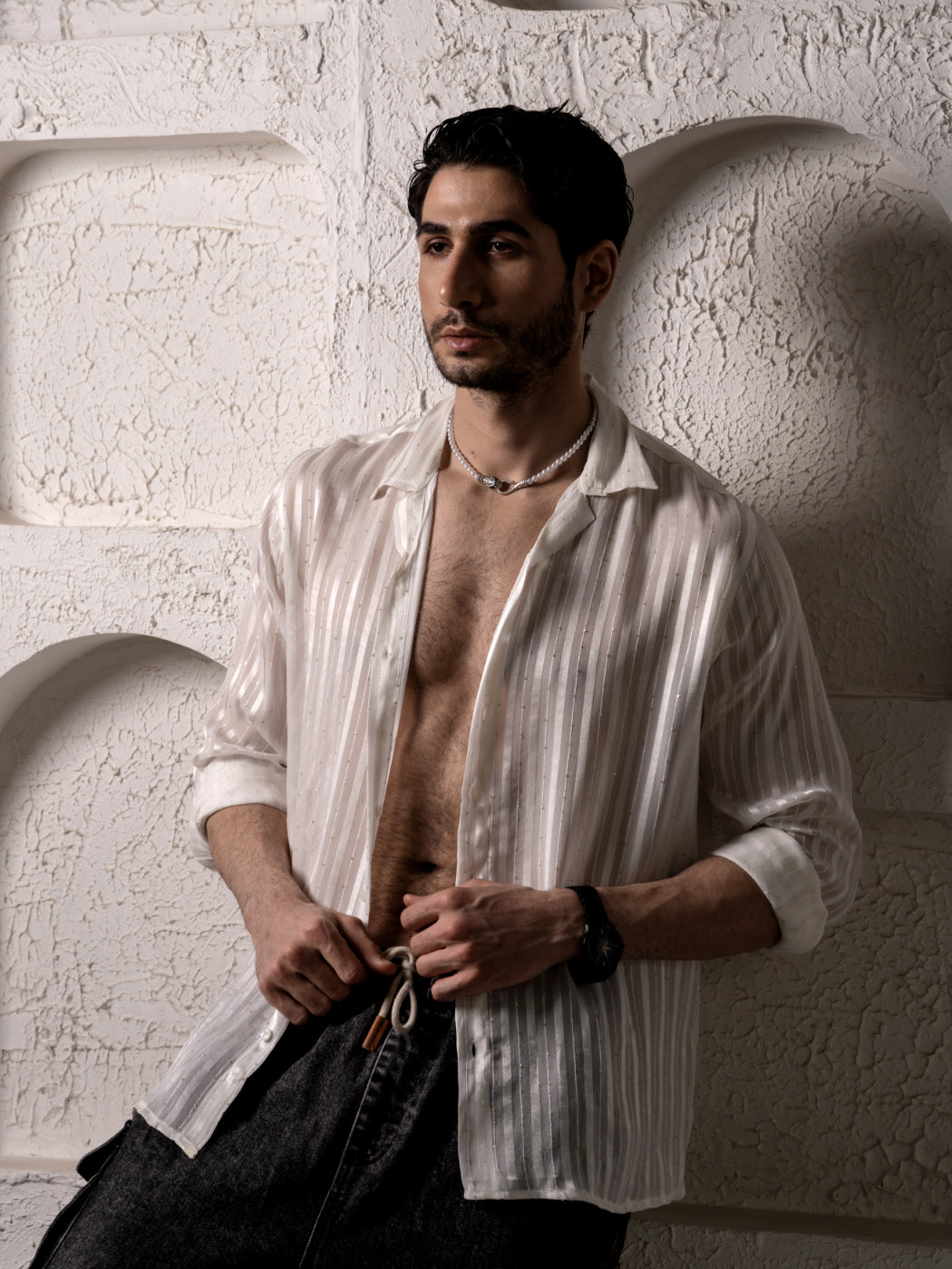 Firangi Yarn Relaxed Spread Collar Semi Sheer Satin Striped Mens Party Shirt - White