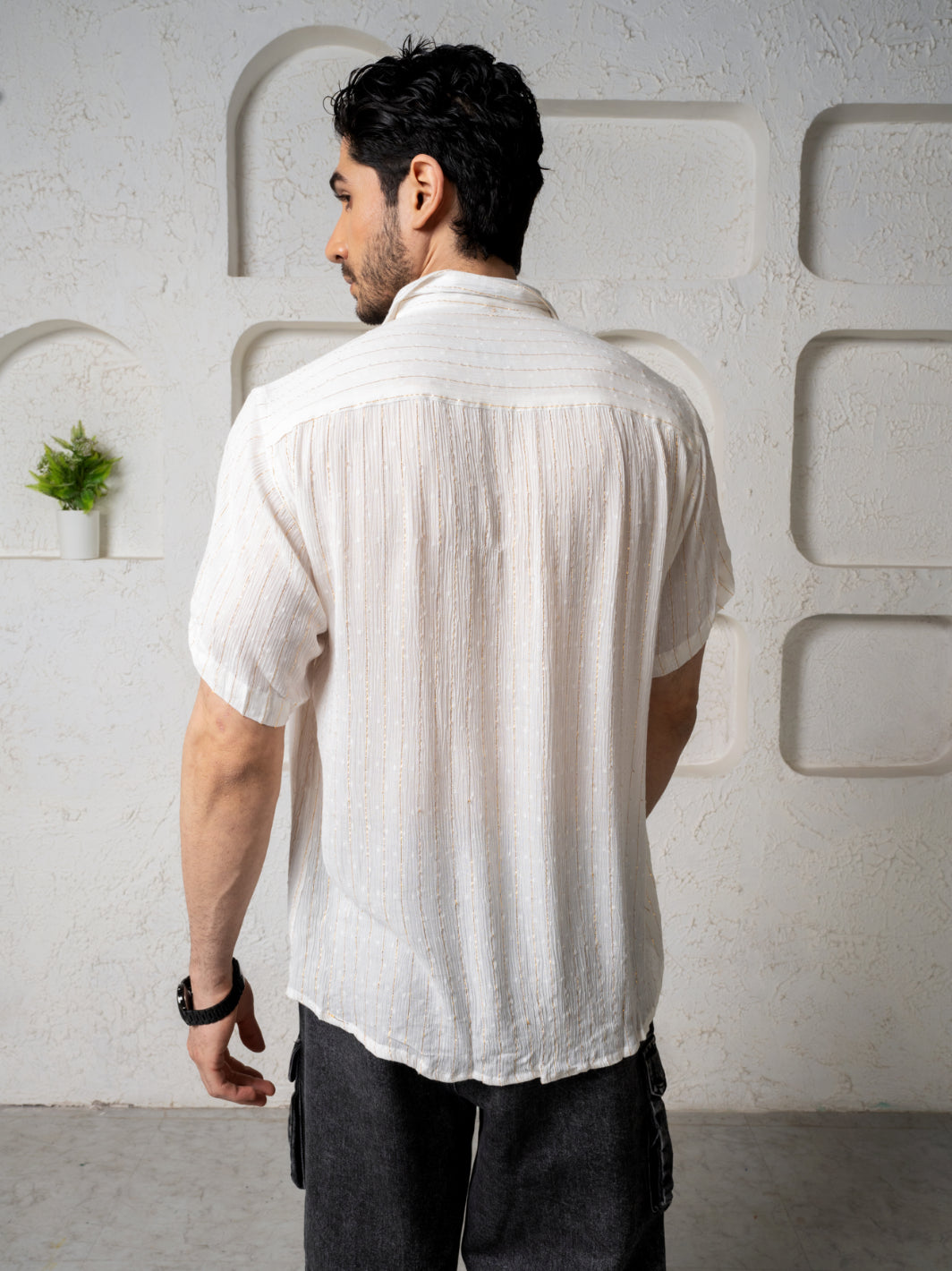 Relaxed Fit Super Flowy Re-engineered Cotton Lurex- Half Sleeves Party Shirt White - No Pocket