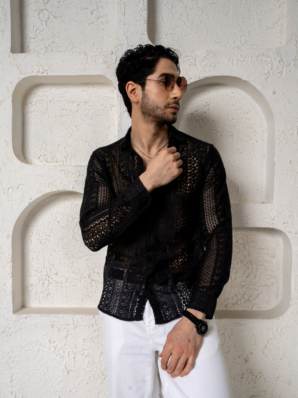 Firangi Yarn Crochet Cotton Black Lace Shirt For Men- Full Sleeves(Take One Size Bigger Than Your Usual Size)