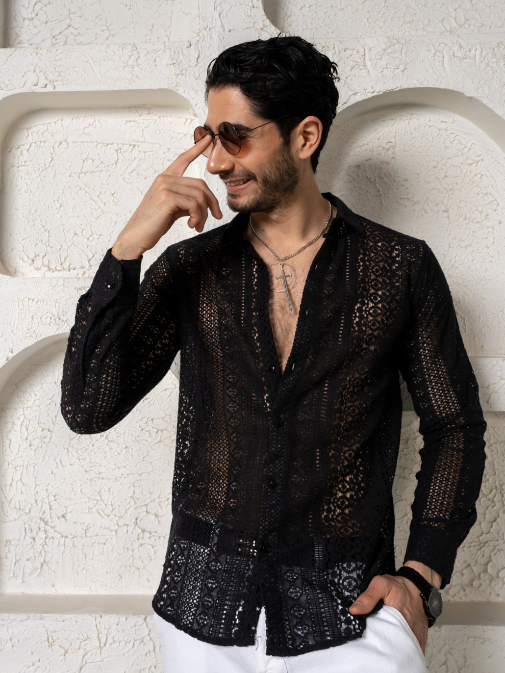 Firangi Yarn Crochet Cotton Black Lace Shirt For Men- Full Sleeves(Take One Size Bigger Than Your Usual Size)