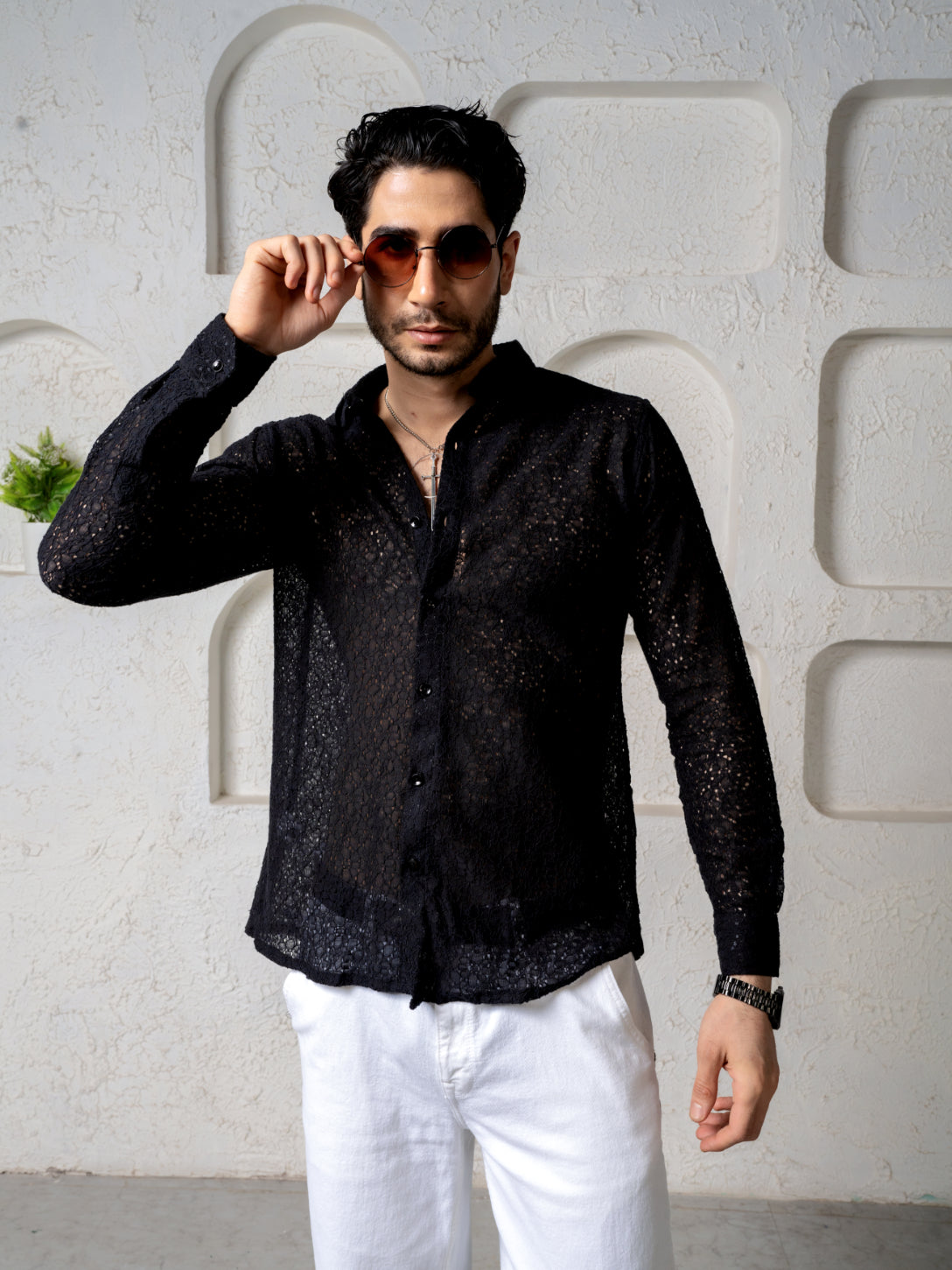 Crochet Cotton Black Floral Lace Shirt For Men - Full Sleeves(Take One Size Bigger Than Your Usual Size)
