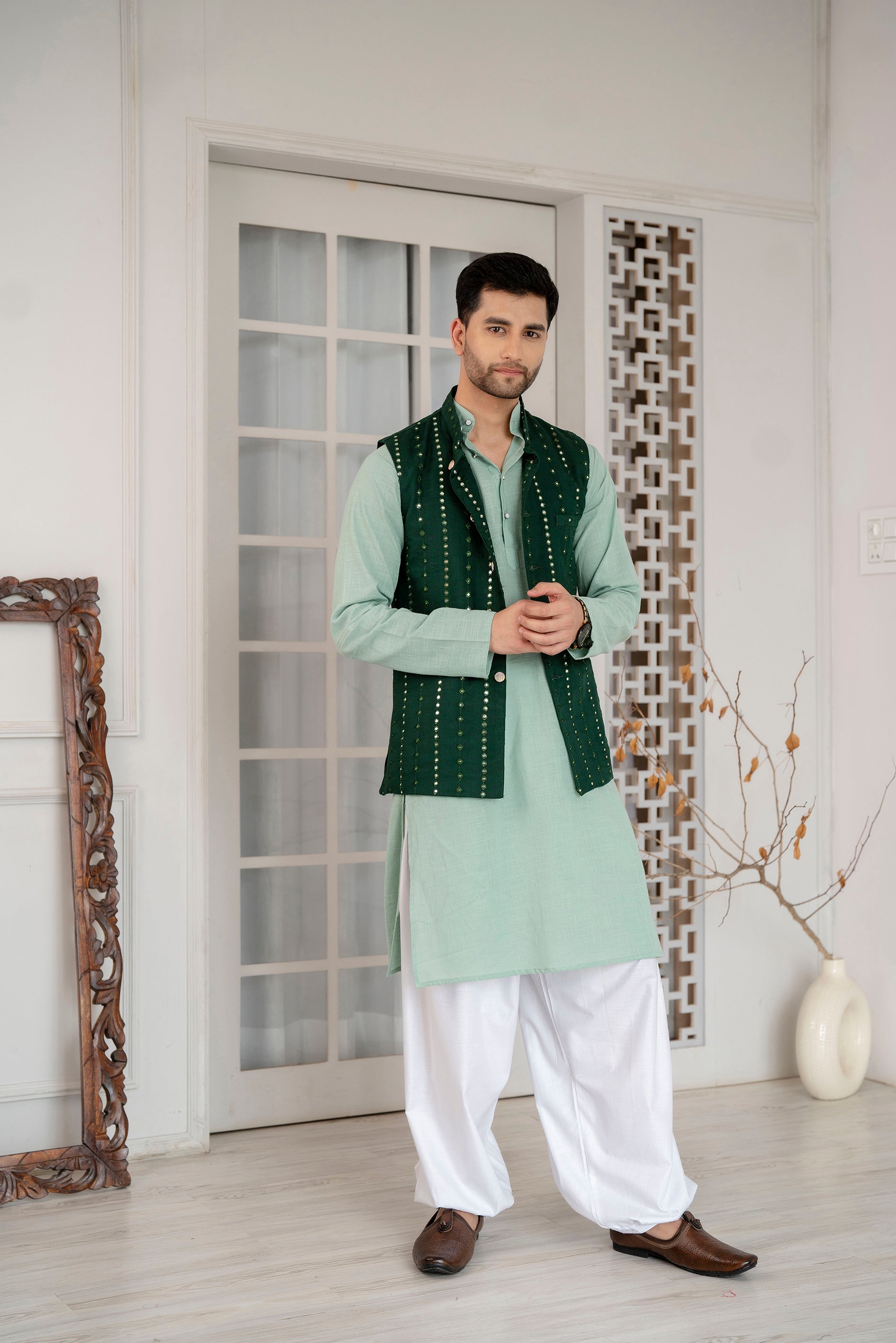 Firangi Yarn Wedding and Festive Wear Khadi Solid Kurta and Mirror Work Embroidered Modi Jacket Coty/Koty Set of 2(Pyjama Excluded) Green