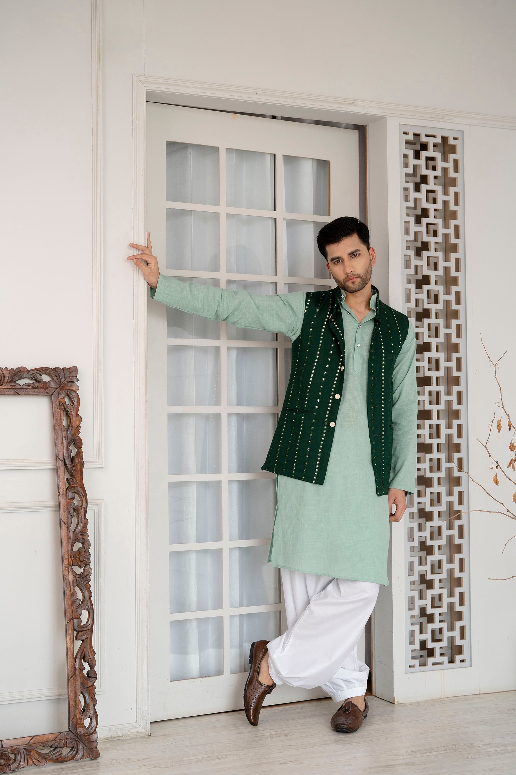 Firangi Yarn Wedding and Festive Wear Khadi Solid Kurta and Mirror Work Embroidered Modi Jacket Coty/Koty Set of 2(Pyjama Excluded) Green
