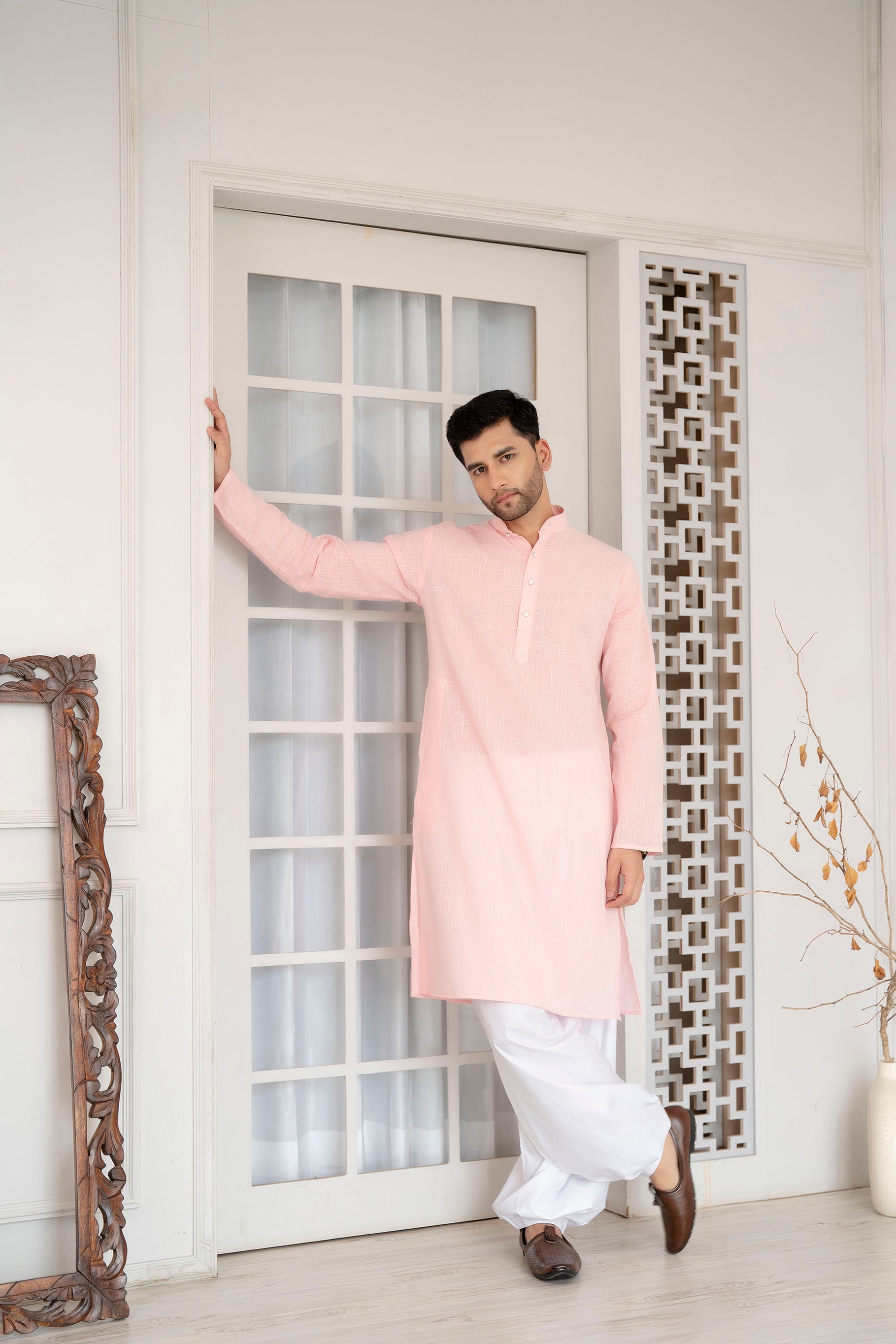 Firangi Yarn Khadi Indian 100% Cotton Solid Kurta For Men Pink