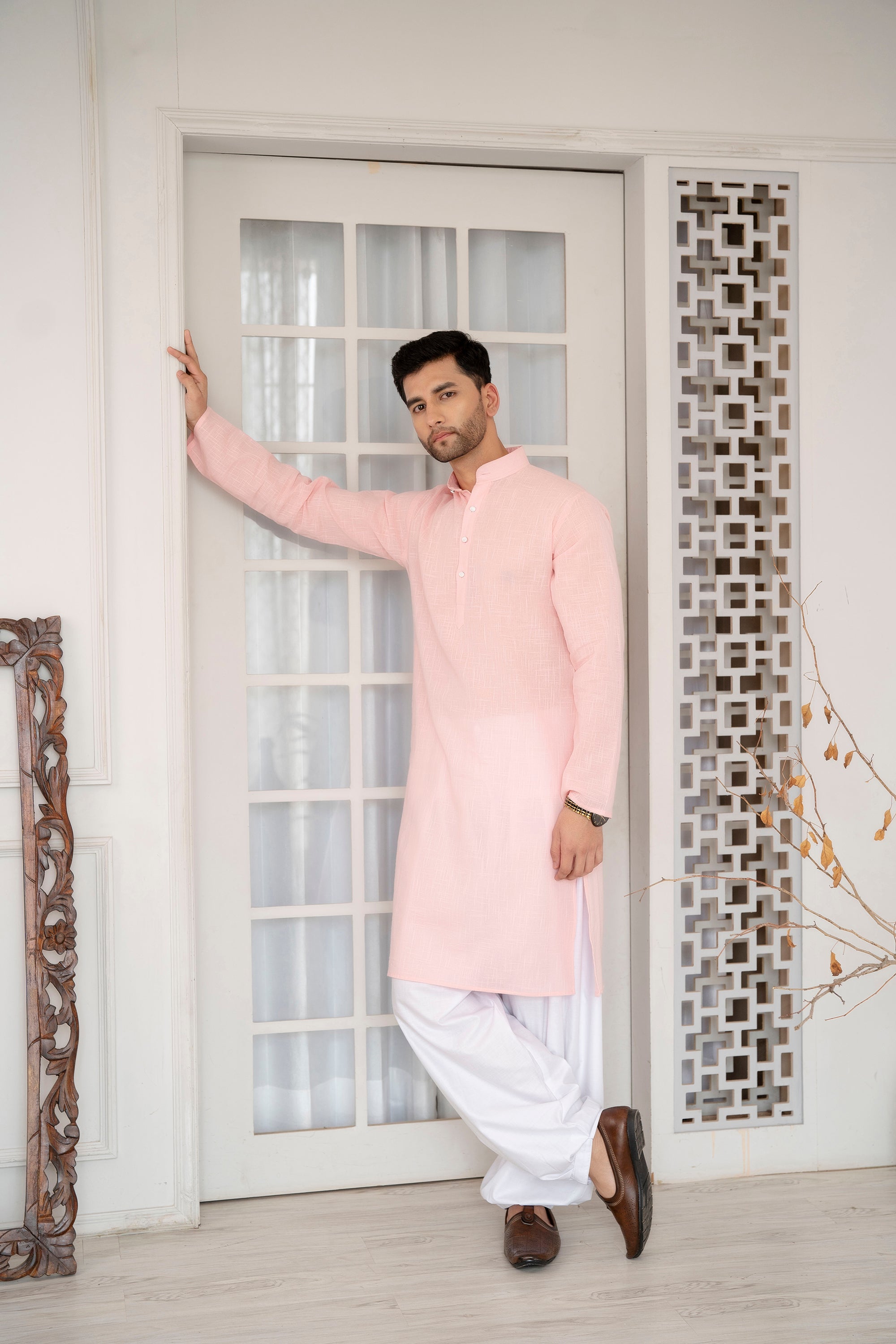 Firangi Yarn Khadi Indian 100% Cotton Solid Kurta For Men Pink