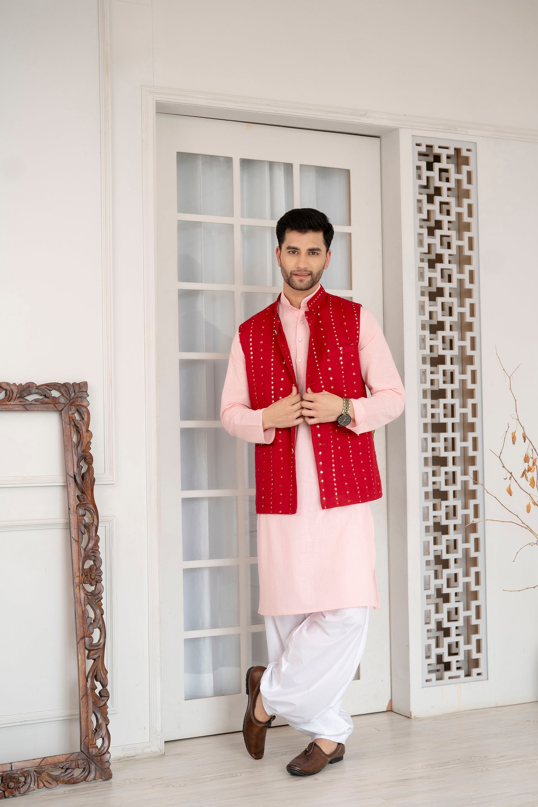Firangi Yarn Wedding and Festive Wear Khadi Solid Kurta and Mirror Work Embroidered Modi Jacket Coty/Koty Set of 2(Pyjama Excluded) Pink and Magenta