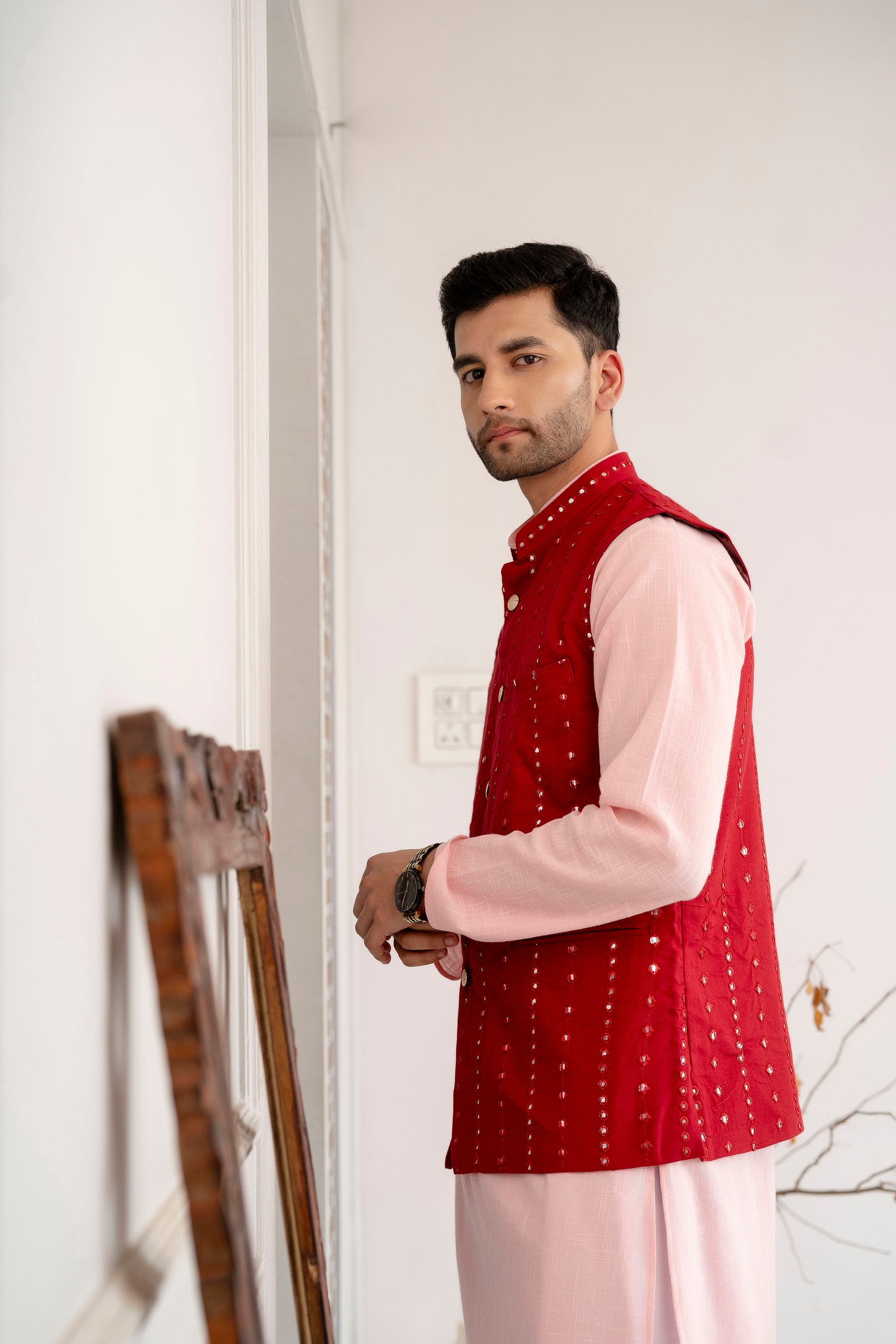 Firangi Yarn Wedding and Festive Wear Khadi Solid Kurta and Mirror Work Embroidered Modi Jacket Coty/Koty Set of 2(Pyjama Excluded) Pink and Magenta