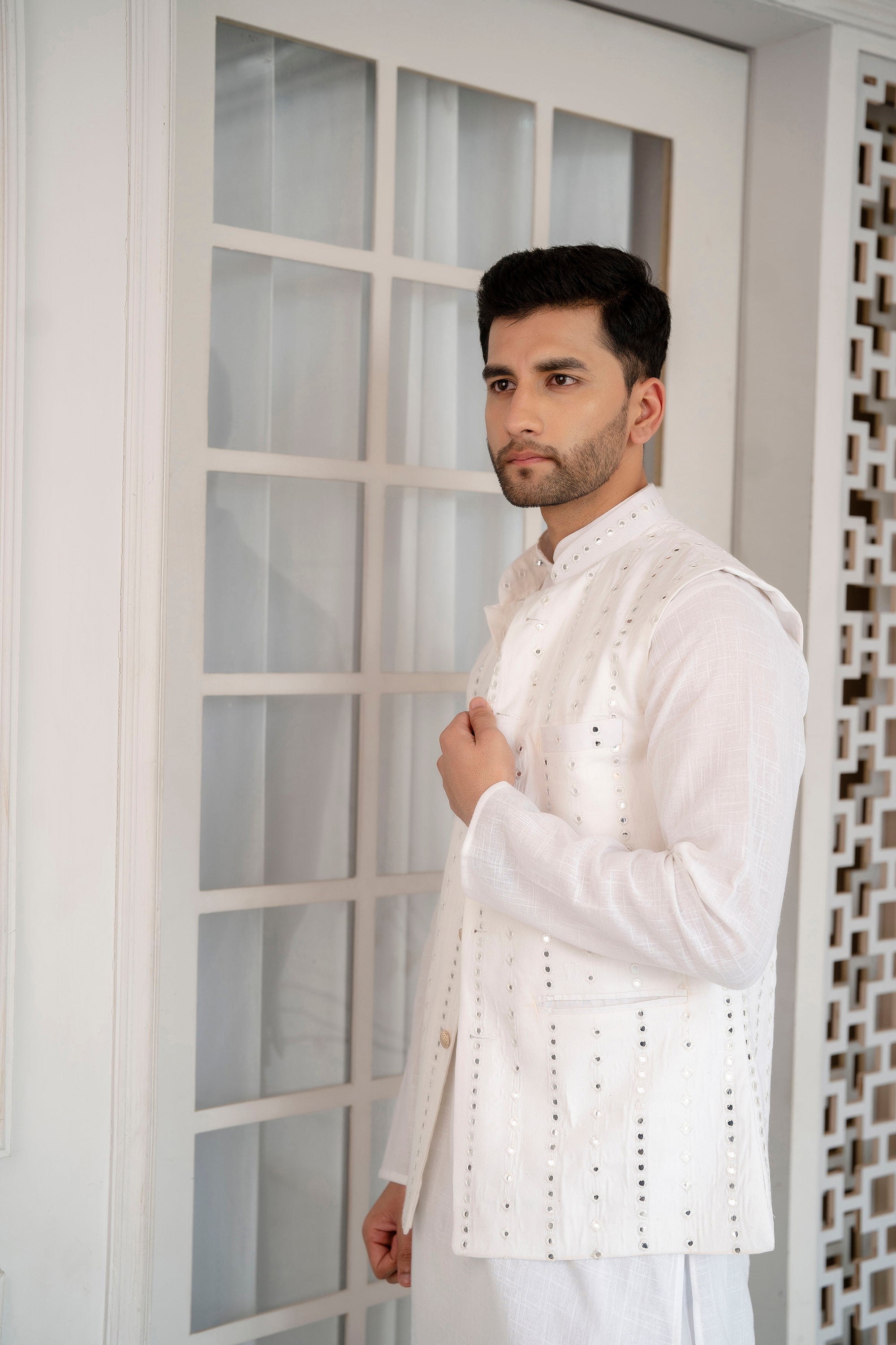 Firangi Yarn Wedding and Festive Wear Khadi Solid Kurta and Mirror Work Embroidered Modi Jacket Coty/Koty Set of 2(Pyjama Excluded) Bollywood White