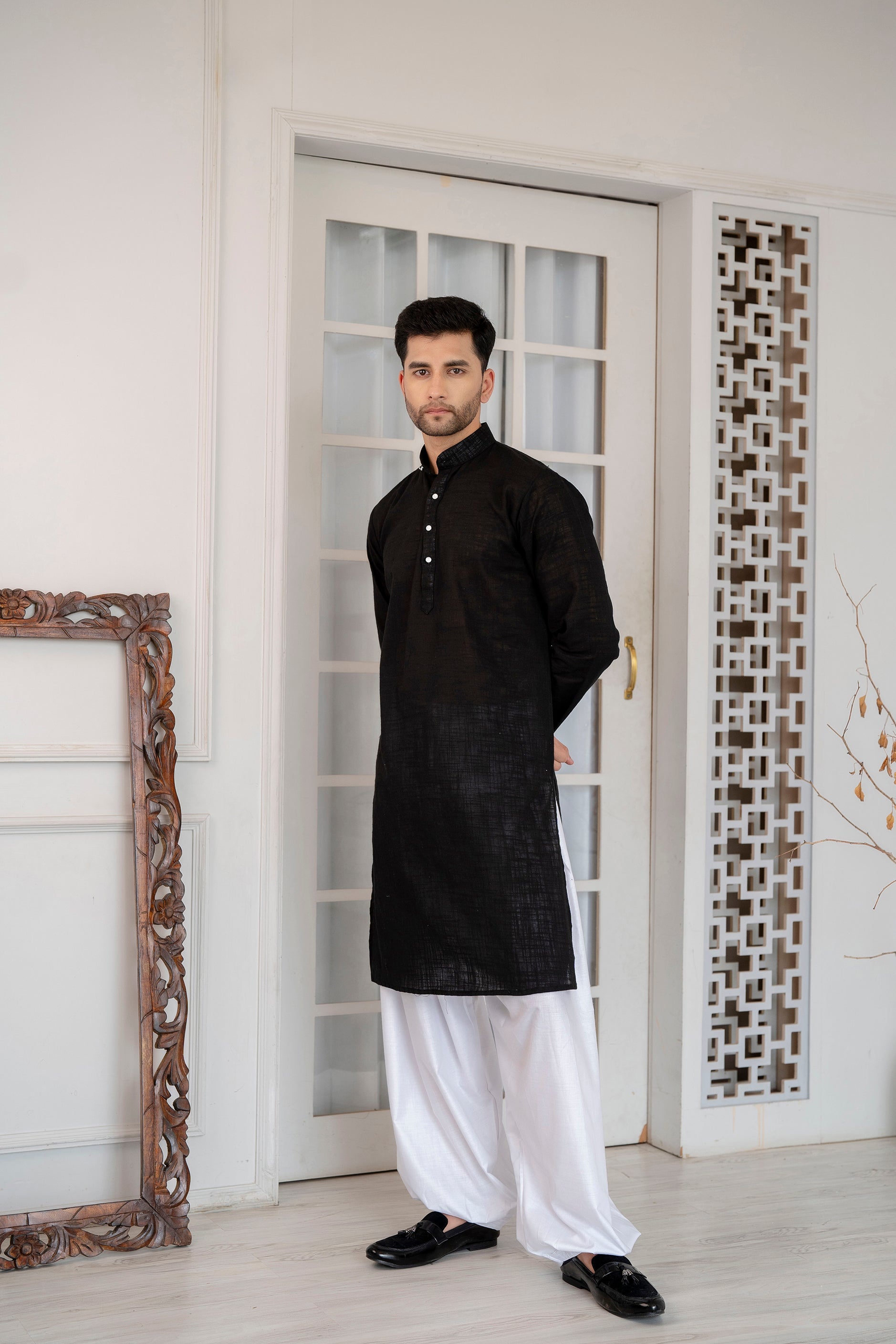 Firangi Yarn Wedding and Festive Wear Khadi Solid Kurta and Mirror Work Embroidered Modi Jacket Coty/Koty Set of 2(Pyjama Excluded) Jet Black