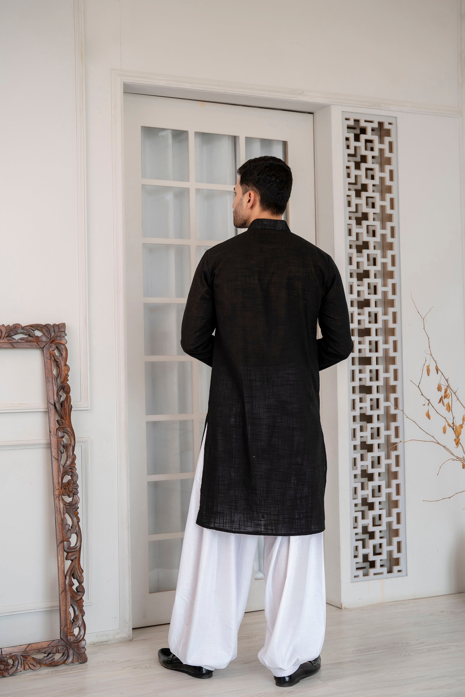 Firangi Yarn Wedding and Festive Wear Khadi Solid Kurta and Mirror Work Embroidered Modi Jacket Coty/Koty Set of 2(Pyjama Excluded) Jet Black