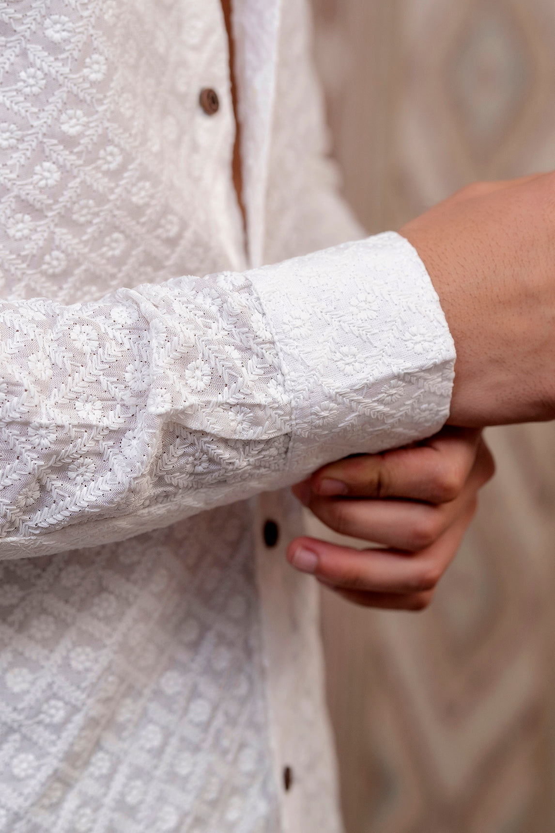 Firangi Yarn Super Soft Full Sleeves Chikankari Schiffli Embroided Men's Shirt- White (Choose one size bigger)