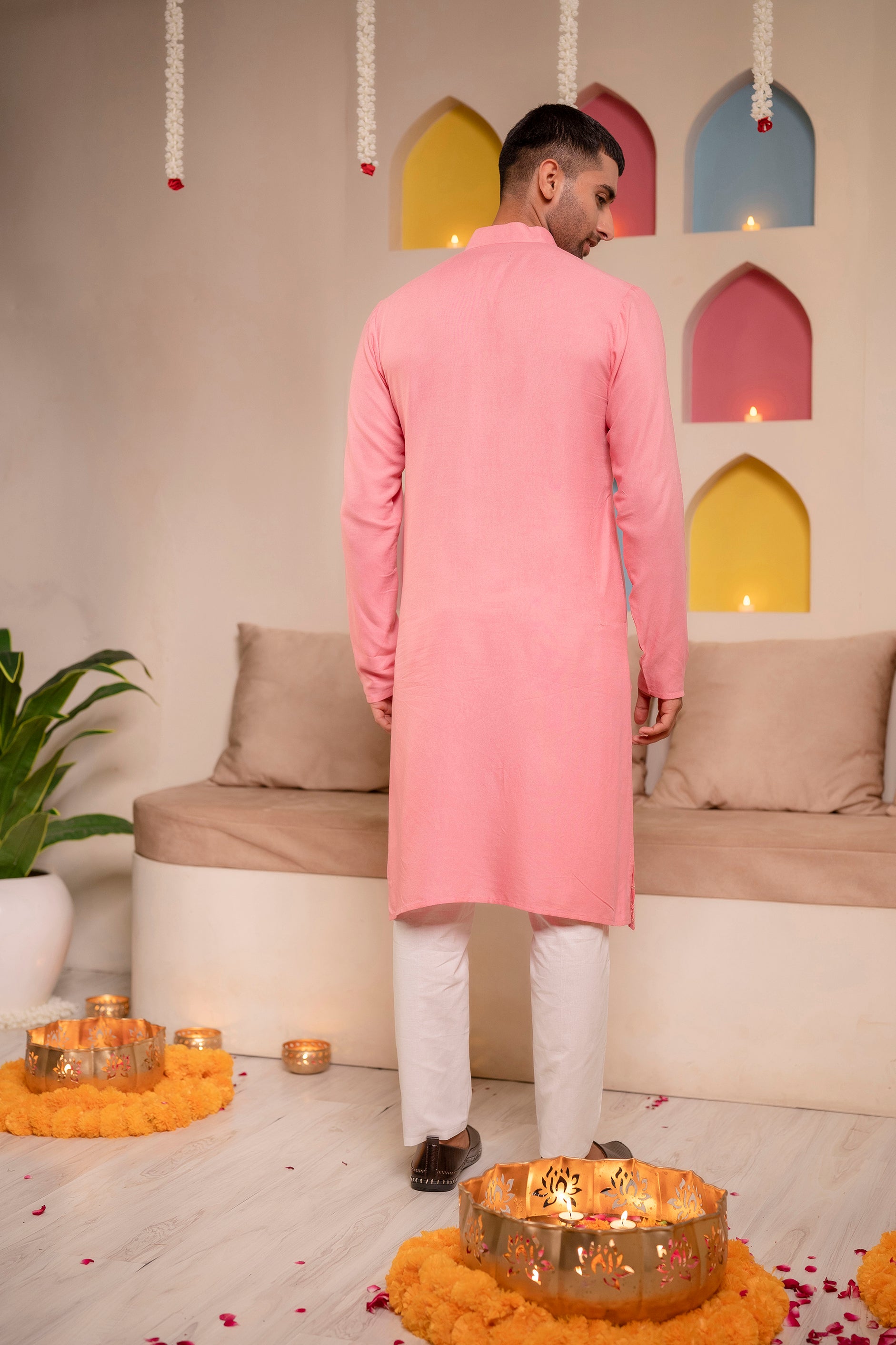 Firangi Yarn Lucknowi Chikankari & Gold Work Kurta For Men Pink