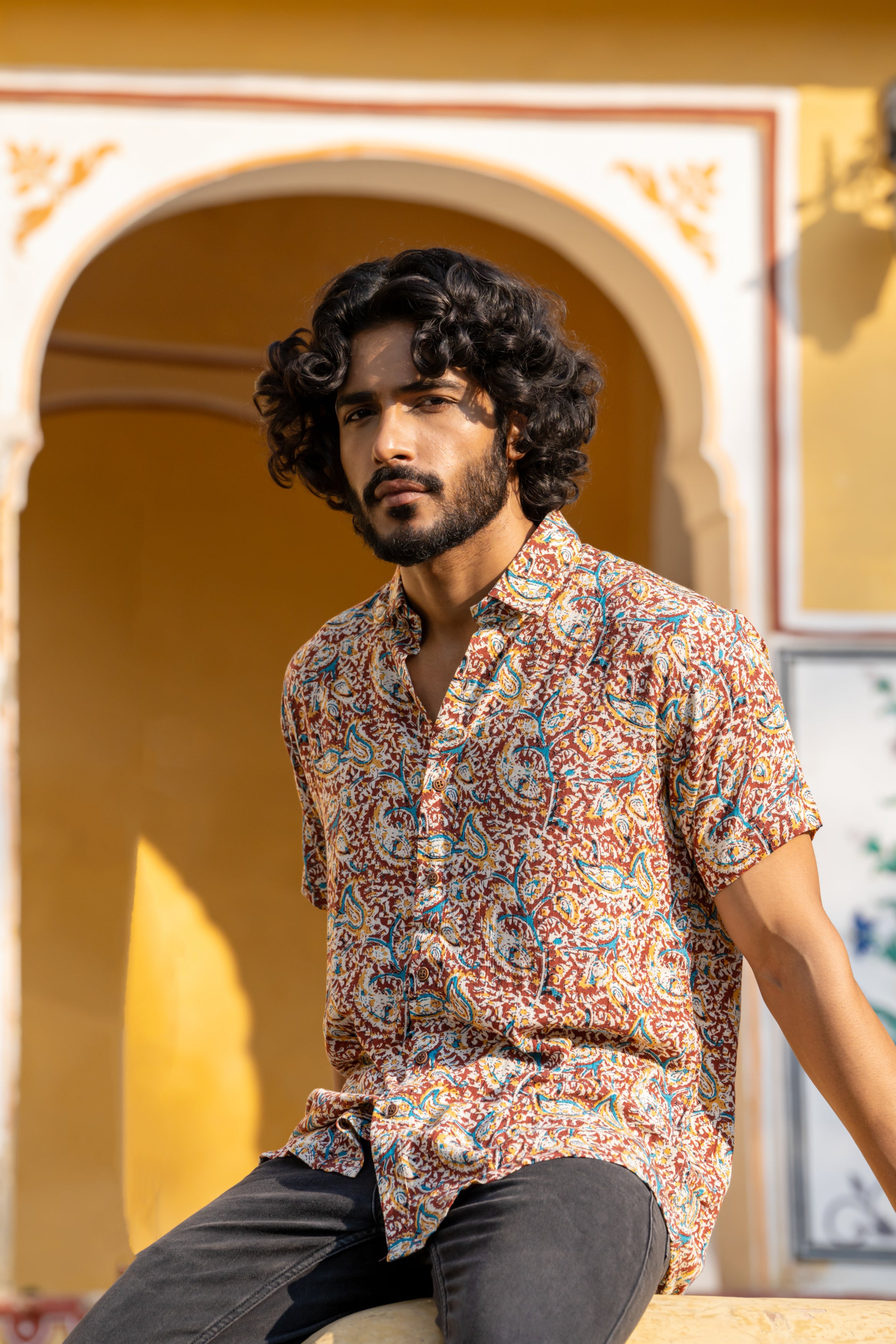 Firangi Yarn Relaxed Fit Super Flowy Re-engineered Cotton Printed Shirt- Half Sleeves (Muddy Brown)