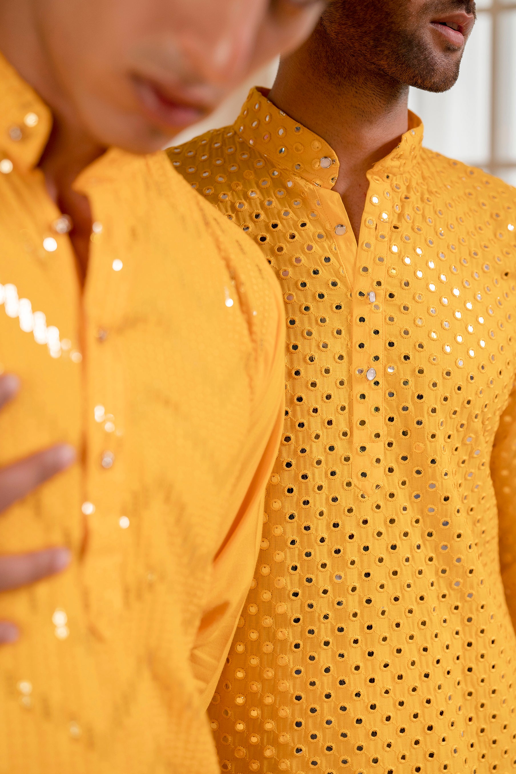 Firangi Yarn Chikan & Mirror Work Cotton Kurta For Men Yellow