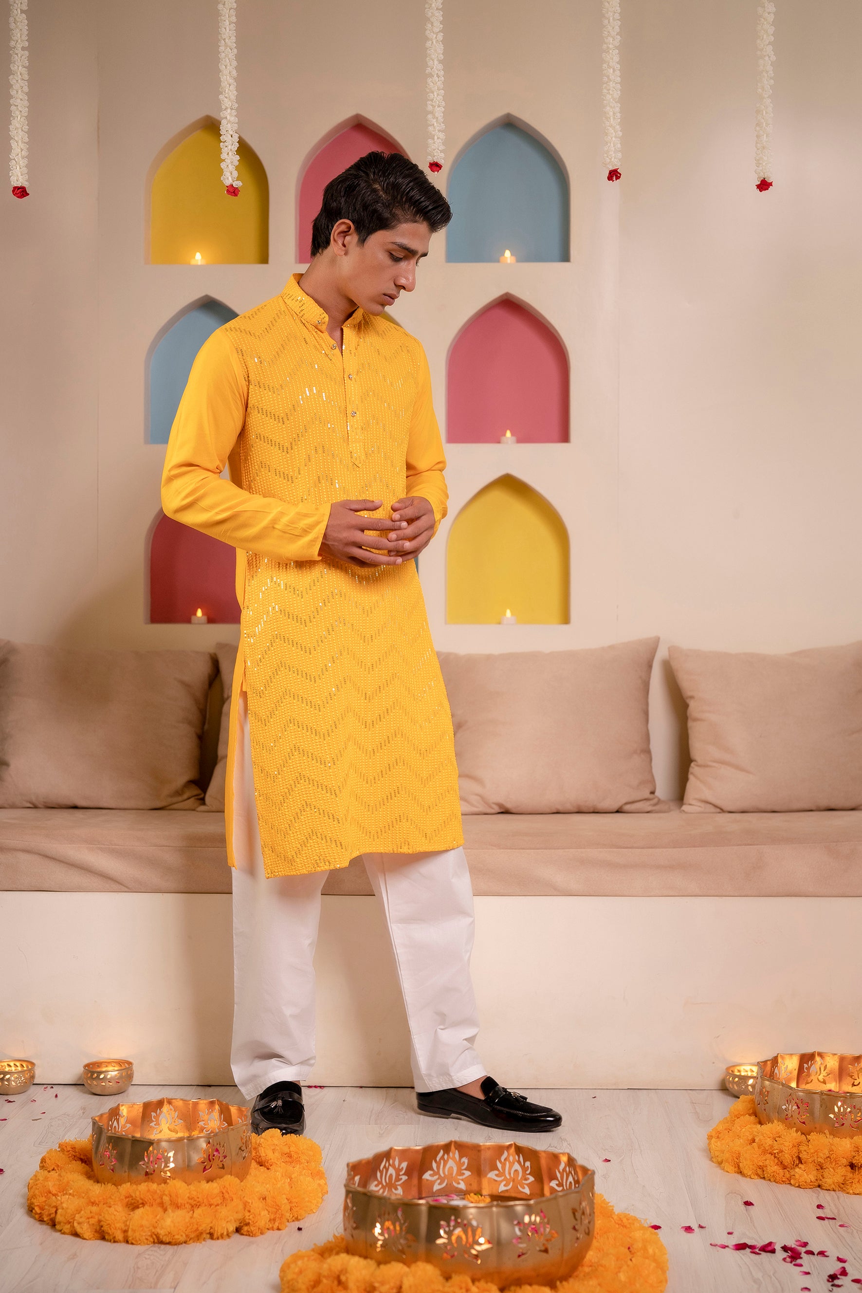 Firangi Yarn Lucknowi Chikankari & Sequin Work Kurta For Men Haldi Yellow