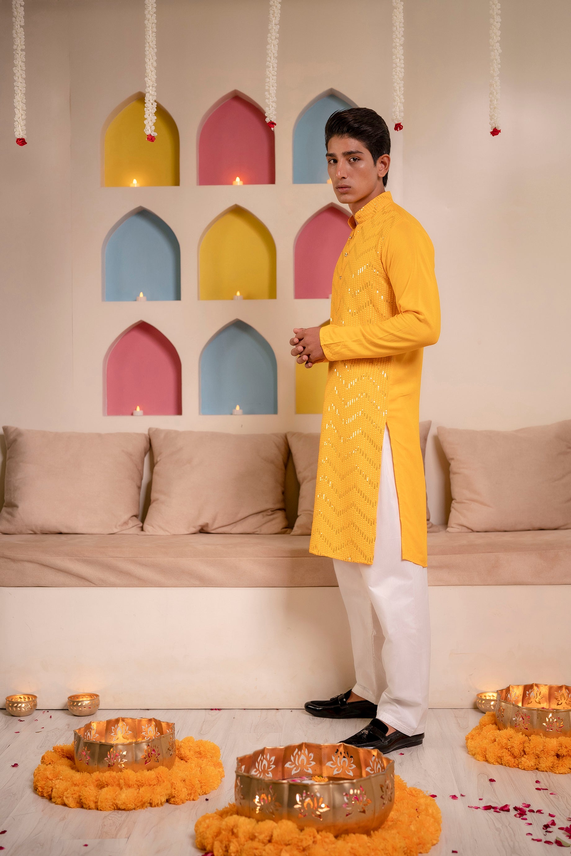 Firangi Yarn Lucknowi Chikankari & Sequin Work Kurta For Men Haldi Yellow