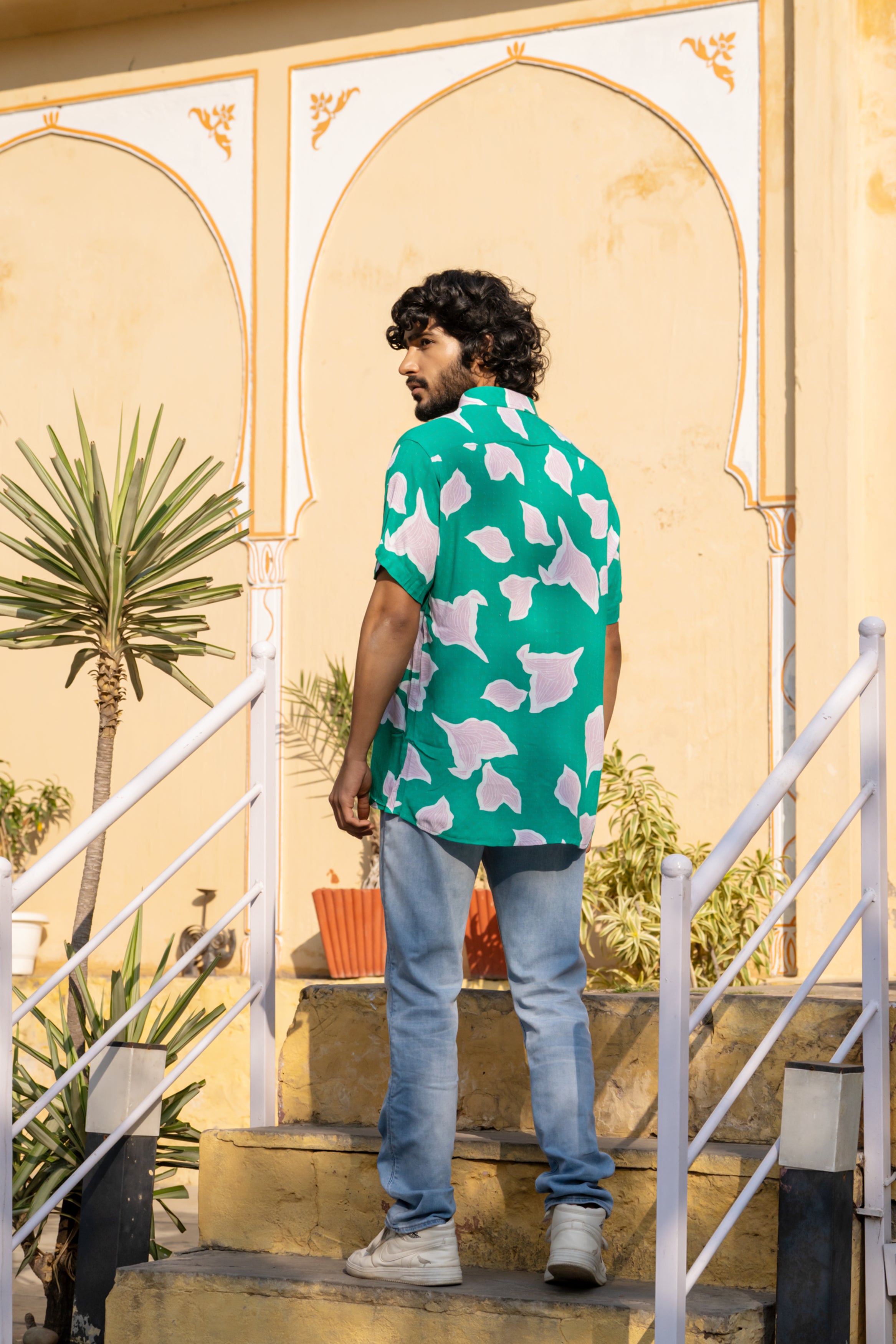 Firangi Yarn Relaxed Fit Super Flowy Re-engineered Cotton Printed Shirt- Half Sleeves (Green Strawberry)