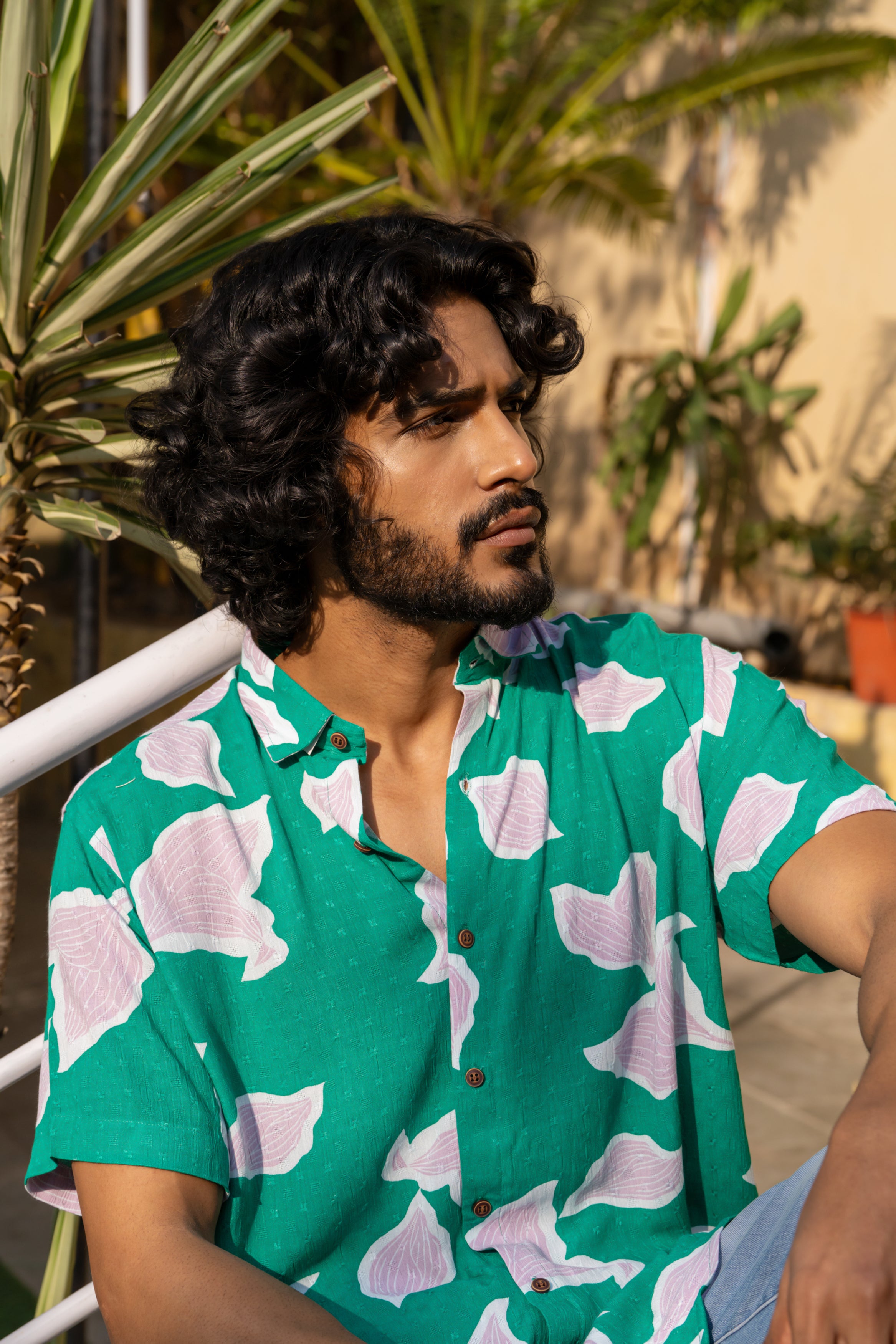 Firangi Yarn Relaxed Fit Super Flowy Re-engineered Cotton Printed Shirt- Half Sleeves (Green Strawberry)