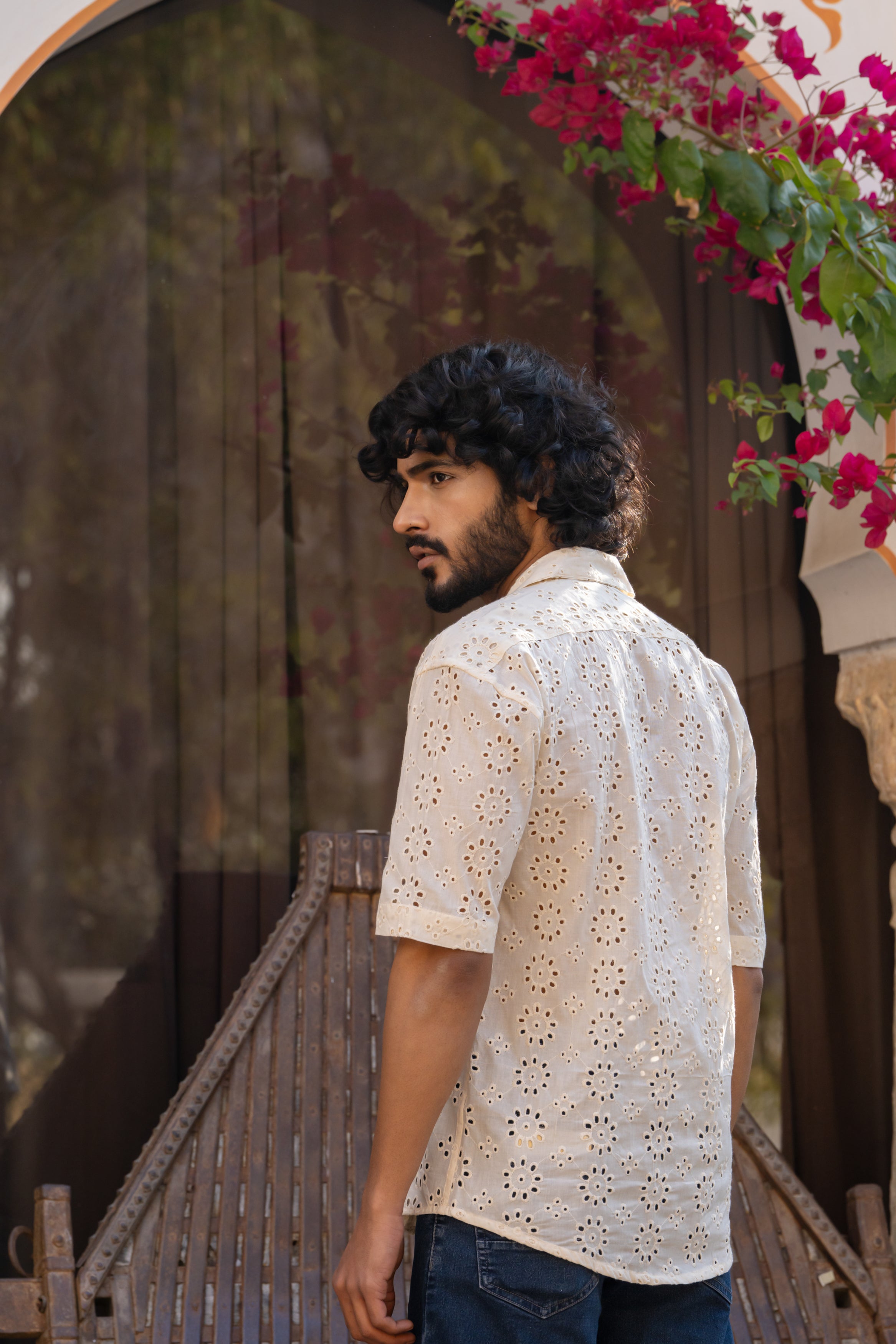 CUTWORK EMBROIDERY SHIRT IVORY OFF-WHITE WITH CUBAN COLLAR