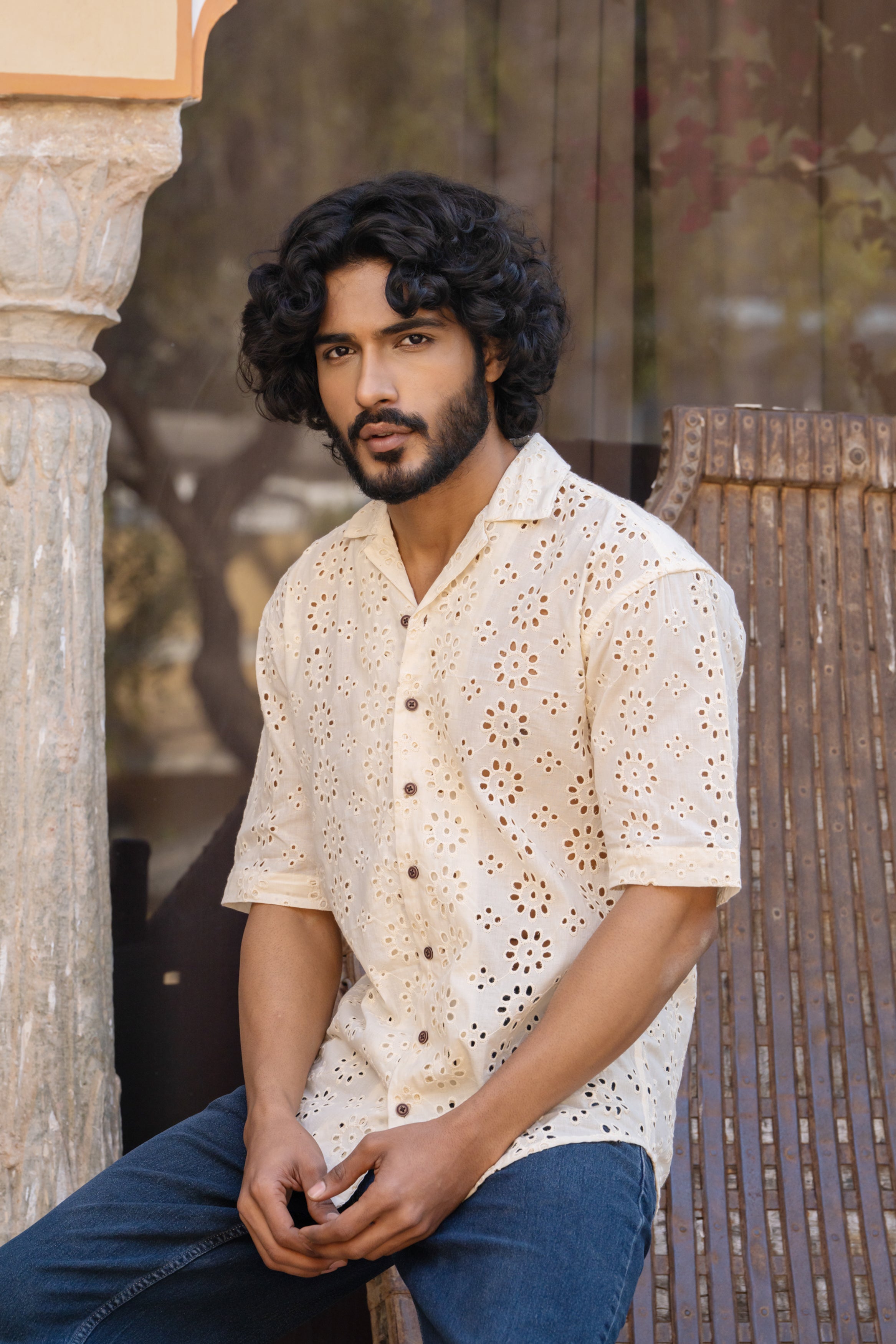 CUTWORK EMBROIDERY SHIRT IVORY OFF-WHITE WITH CUBAN COLLAR