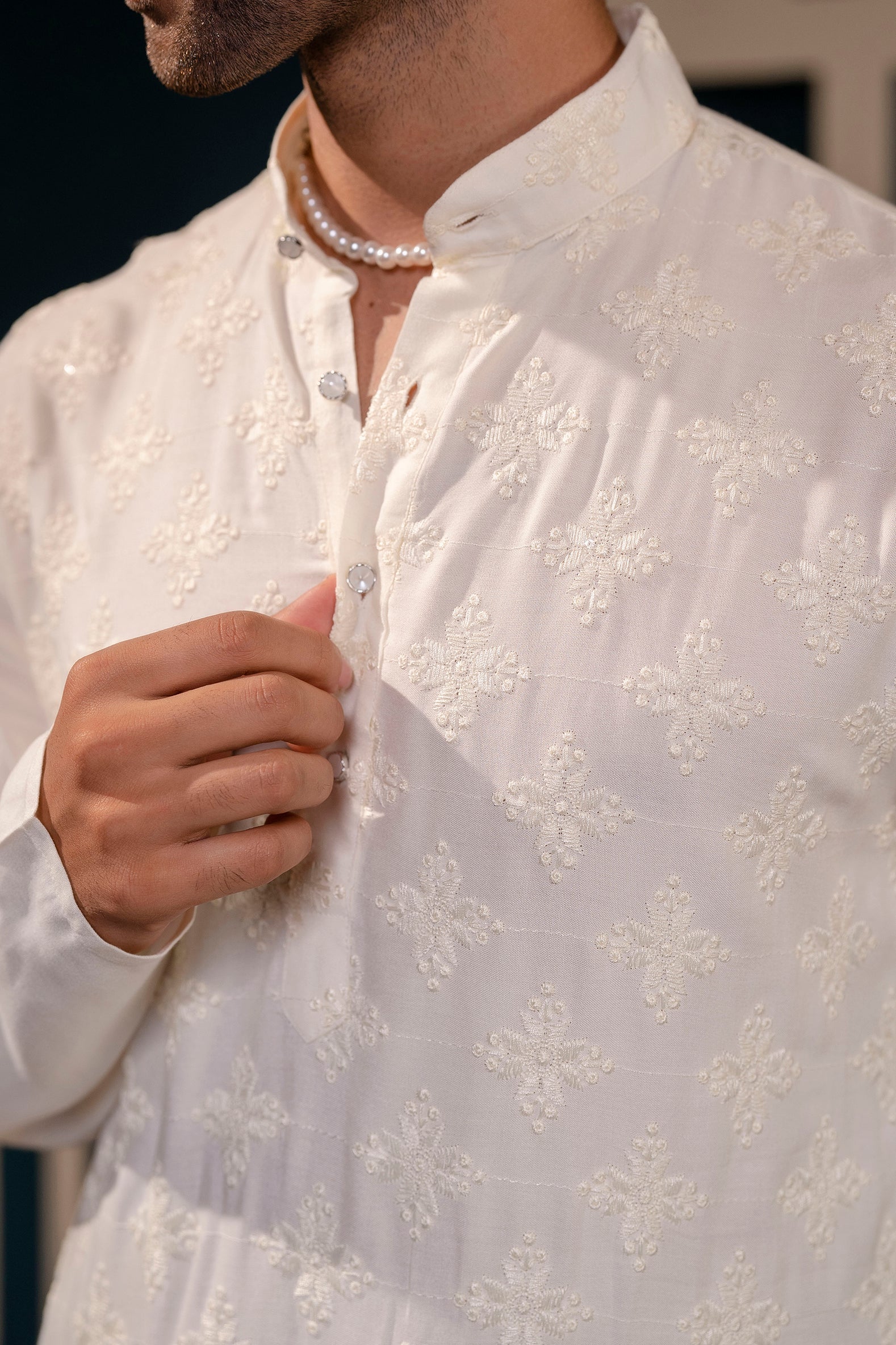 Firangi Yarn Off-White Chikan & Sequin Chikankari Motif Wedding Wear Cotton Kurta For Men