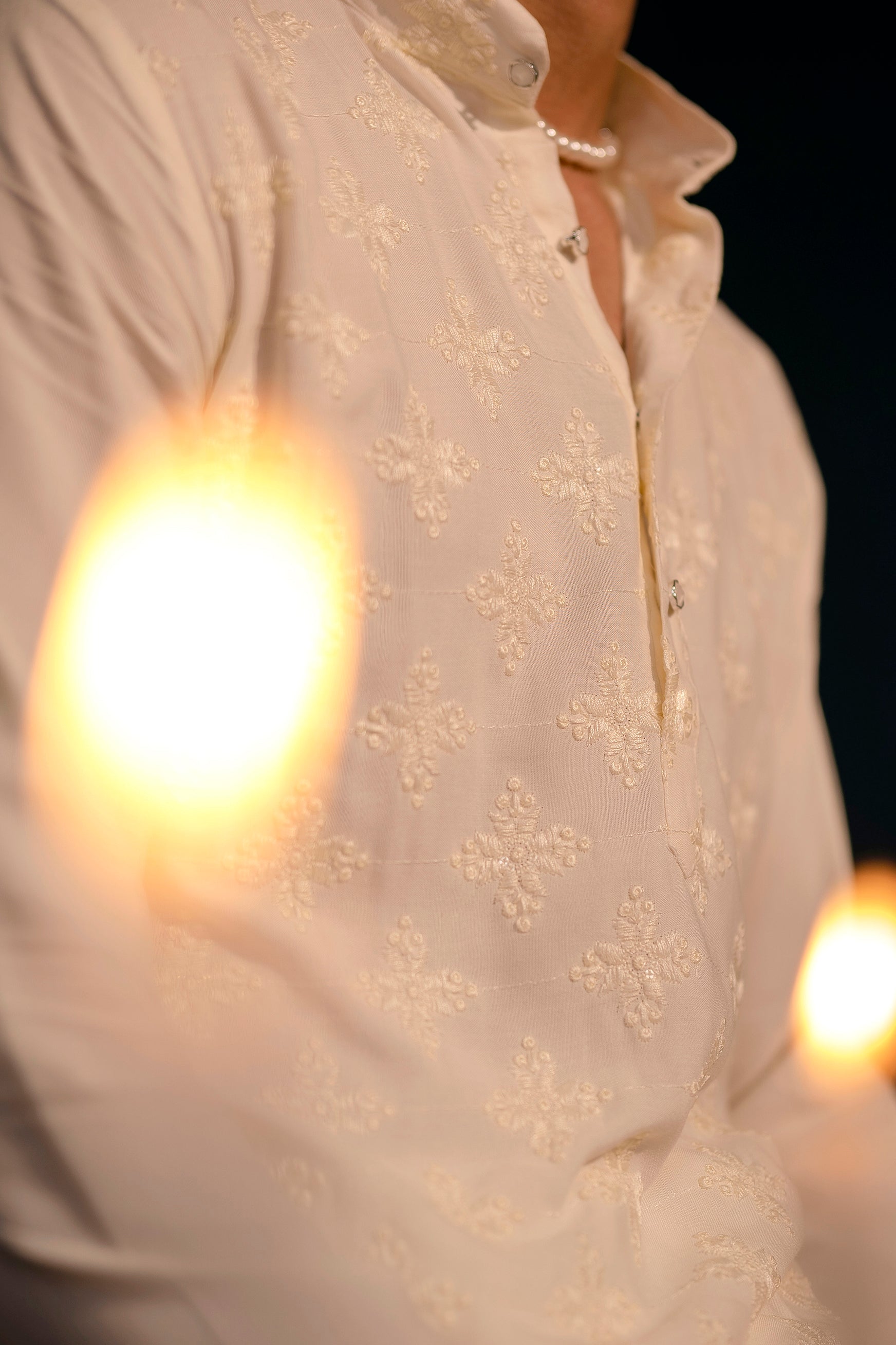 Firangi Yarn Off-White Chikan & Sequin Chikankari Motif Wedding Wear Cotton Kurta For Men