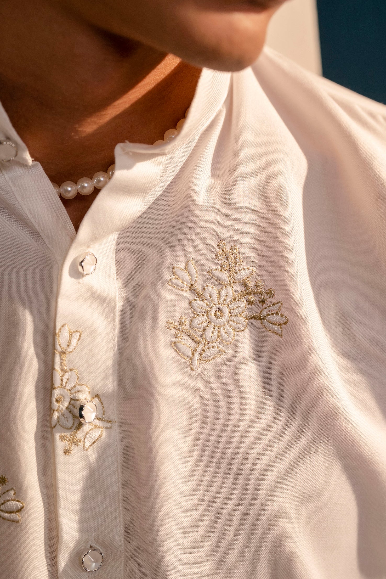 Firangi Yarn White Chikan & Golden Thread Flamingo Floral Work Wedding Wear Cotton Kurta For Men